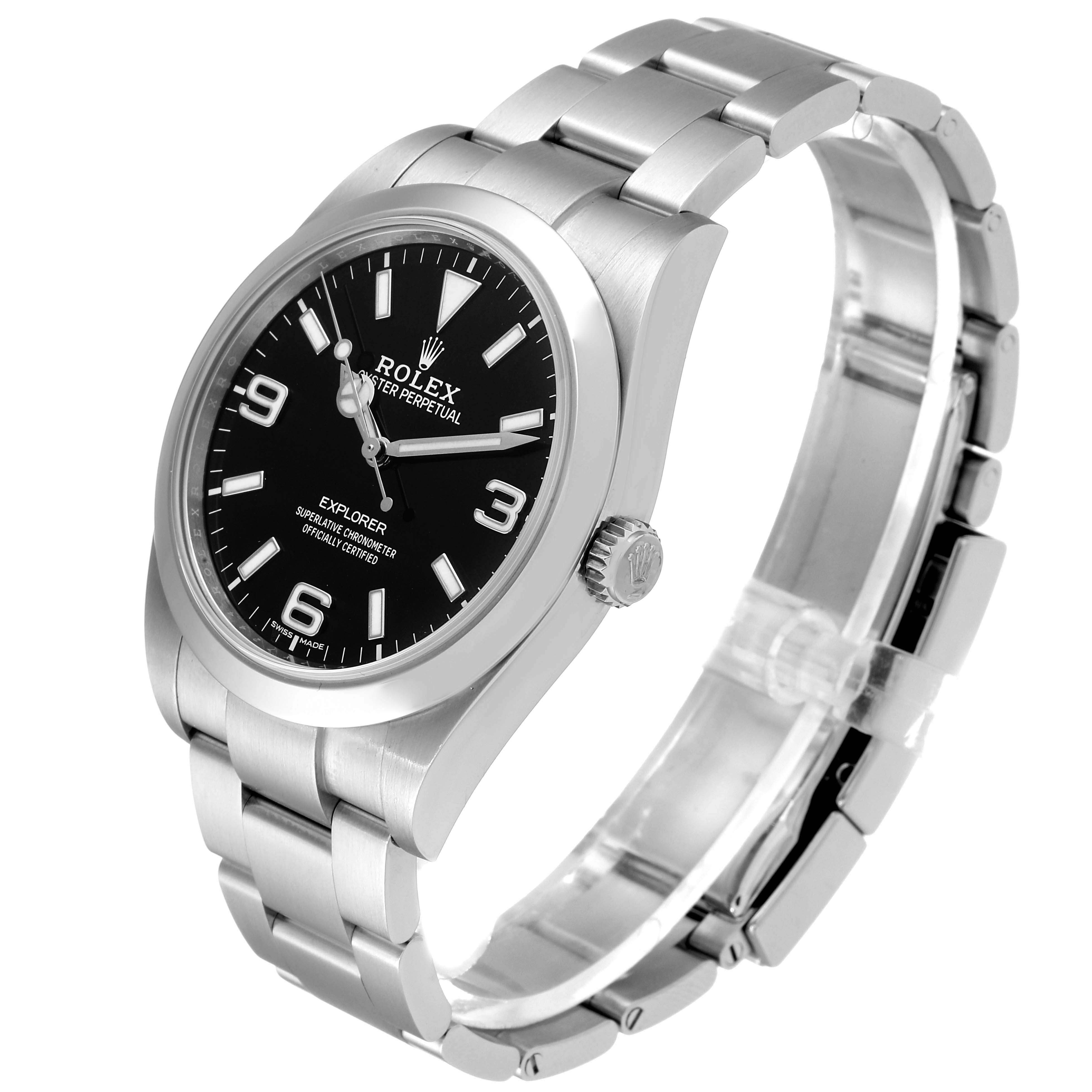 The Rolex Explorer 214270 Men
s Stainless Steel Black Dial 214270 Men
s Stainless Steel Black Dial watch is shown from a side angle, highlighting its bracelet, crown, and black dial.