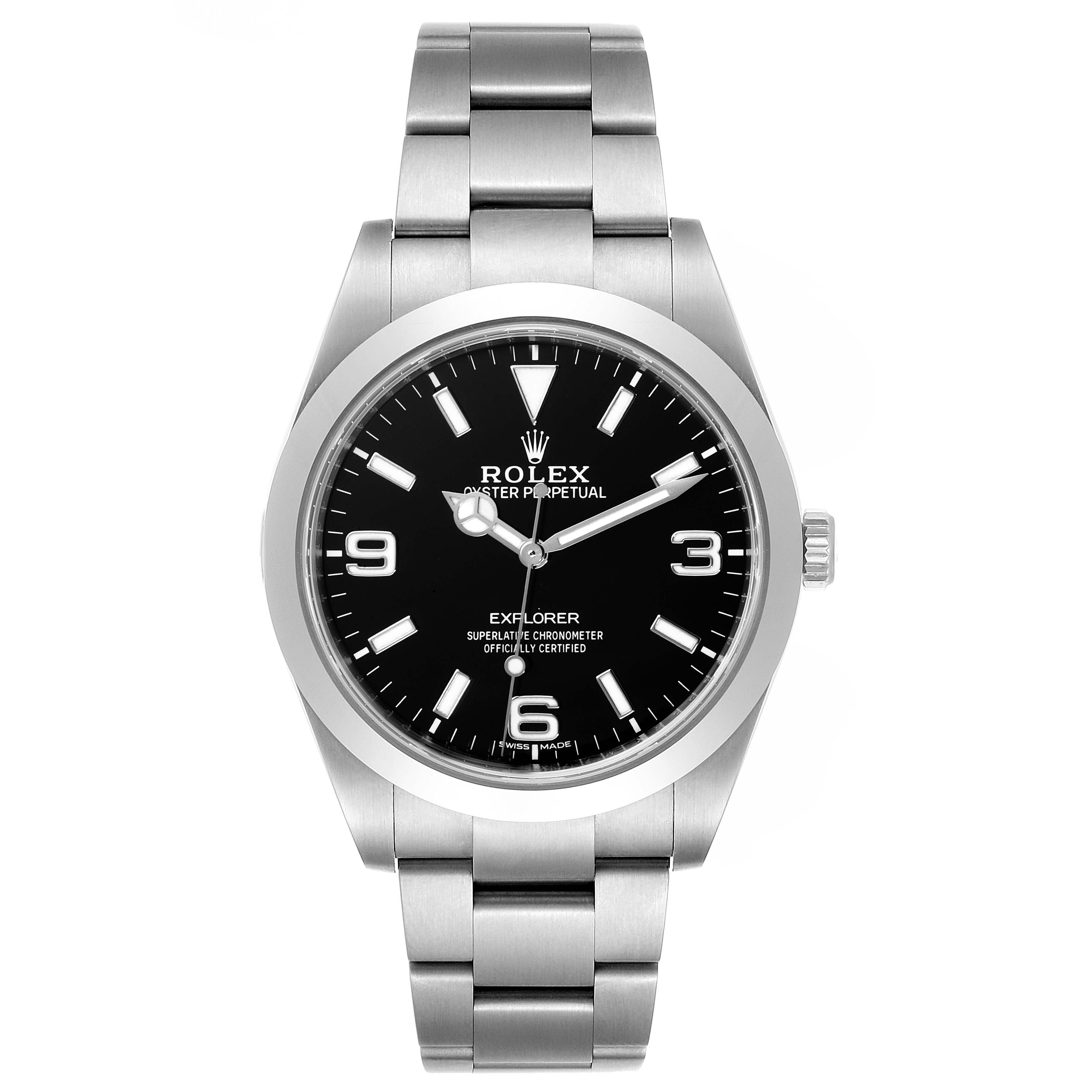 The image shows a front view of the Rolex Explorer 214270 Men
s Stainless Steel Black Dial 214270 Men
s Stainless Steel Black Dial watch, displaying its dial, case, and bracelet.