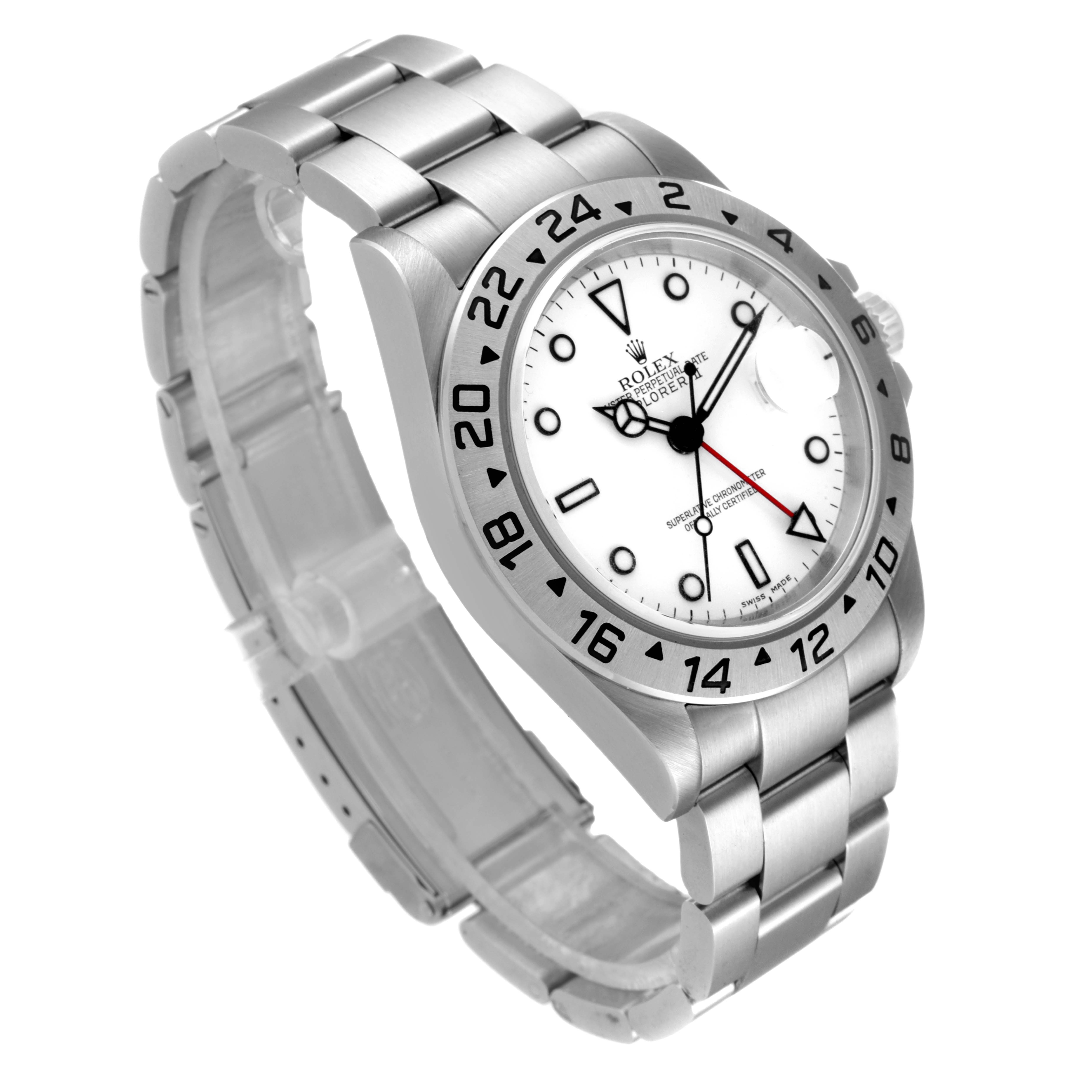 This image shows a Rolex Explorer 16570 Men's Stainless Steel White Dial 16570 Men's Stainless Steel White Dial model watch from a diagonal top-front angle, highlighting its face, bezel, and metal bracelet.