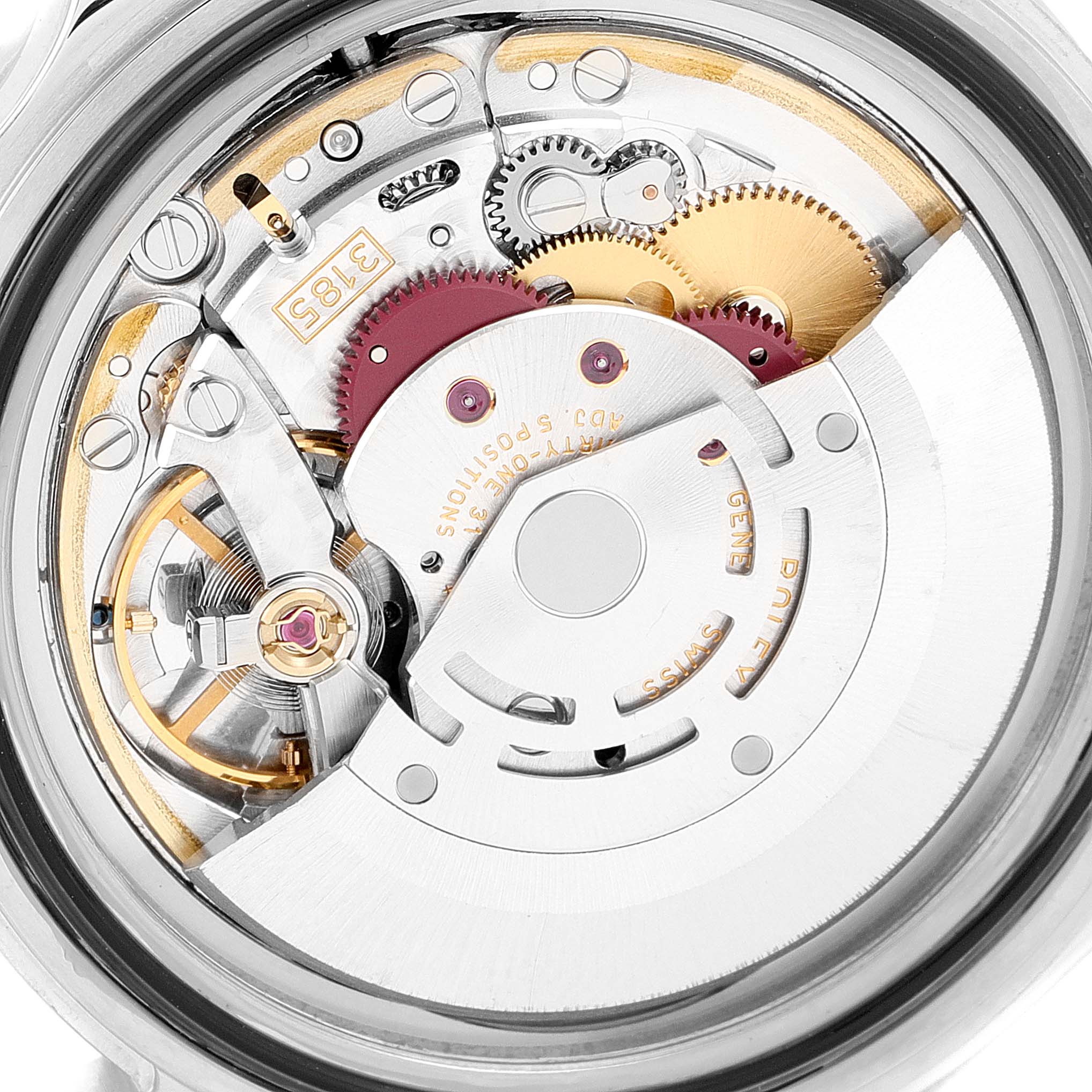 This image shows the movement of a Rolex Explorer 16570 Men's Stainless Steel White Dial 16570 Men's Stainless Steel White Dial watch, viewed from the back, highlighting its internal gears and components.