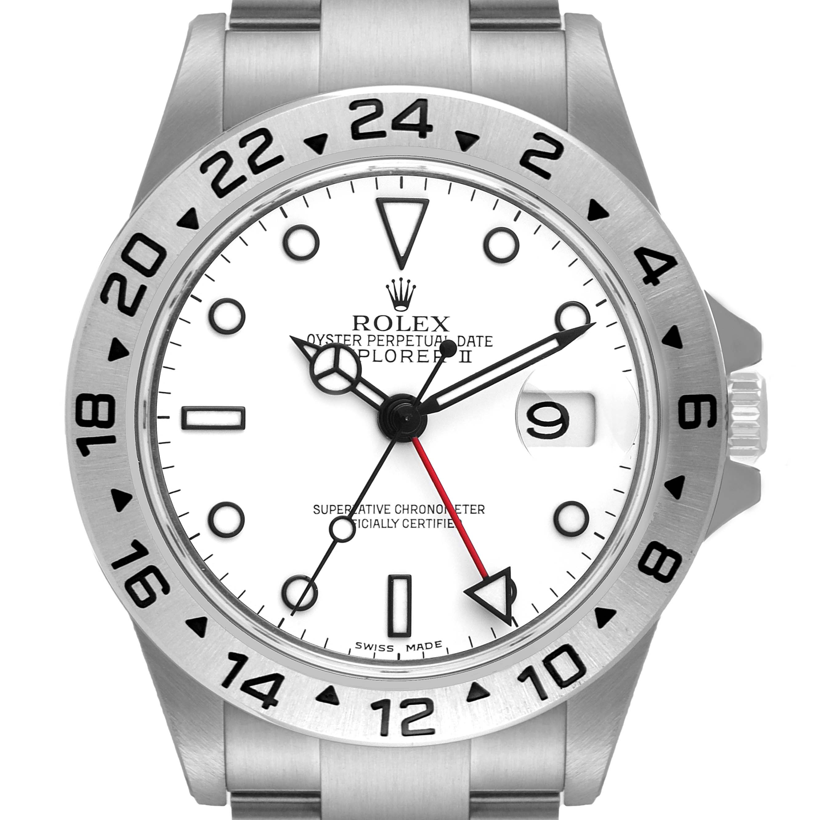 The Rolex Explorer 16570 Men's Stainless Steel White Dial 16570 Men's Stainless Steel White Dial watch is shown from the front, displaying its face, bezel, and bracelet.