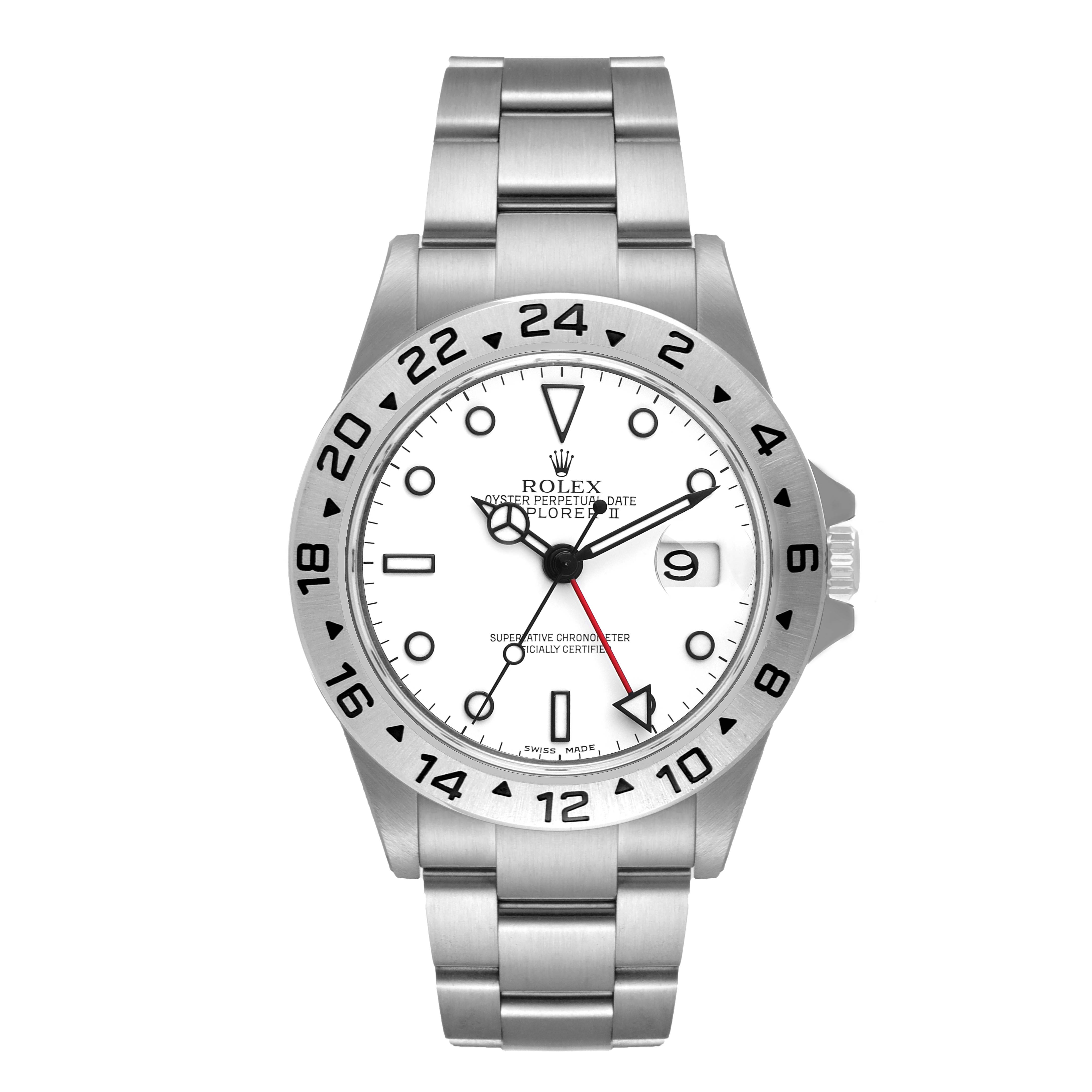 The image shows a front view of a Rolex Explorer 16570 Men's Stainless Steel White Dial 16570 Men's Stainless Steel White Dial watch, displaying the dial, hands, bezel, and bracelet.