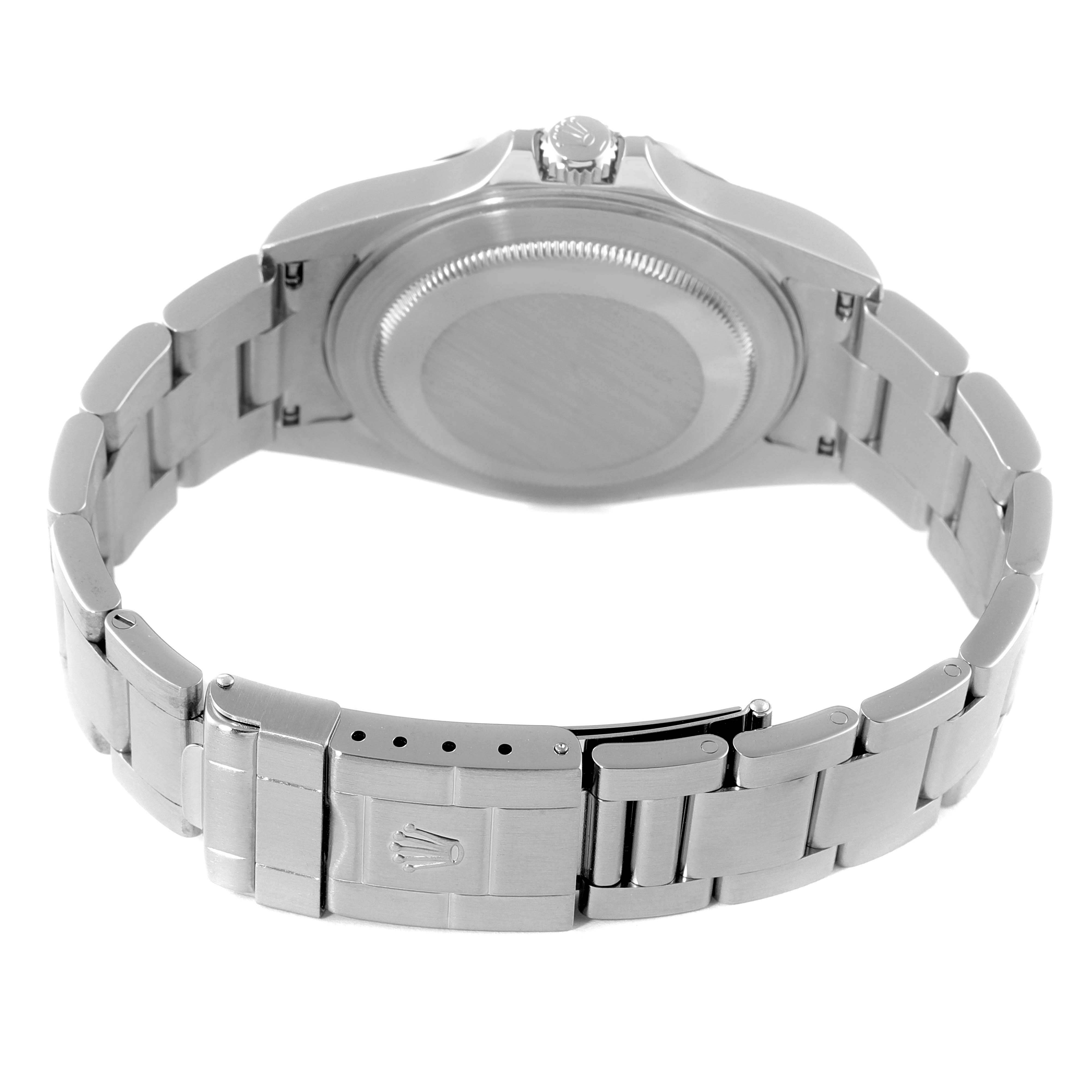 The image shows the back view of a Rolex Explorer 16570 Men's Stainless Steel White Dial 16570 Men's Stainless Steel White Dial watch, highlighting its case back, crown, and metal bracelet with clasp.