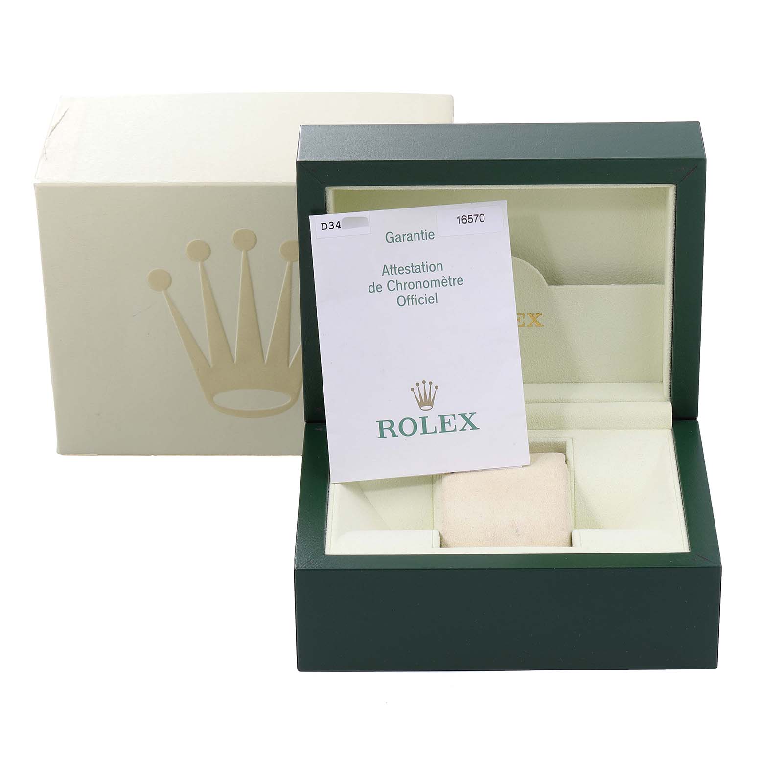 The image shows the Rolex Explorer 16570 Men's Stainless Steel White Dial 16570 Men's Stainless Steel White Dial's green watch box with the official certificate positioned inside the open box.