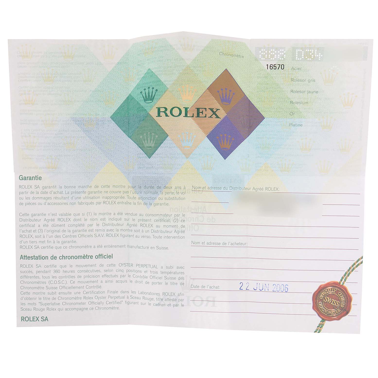 The image shows the guarantee and chronometer certificate document for the Rolex Explorer 16570 Men's Stainless Steel White Dial 16570 Men's Stainless Steel White Dial model.