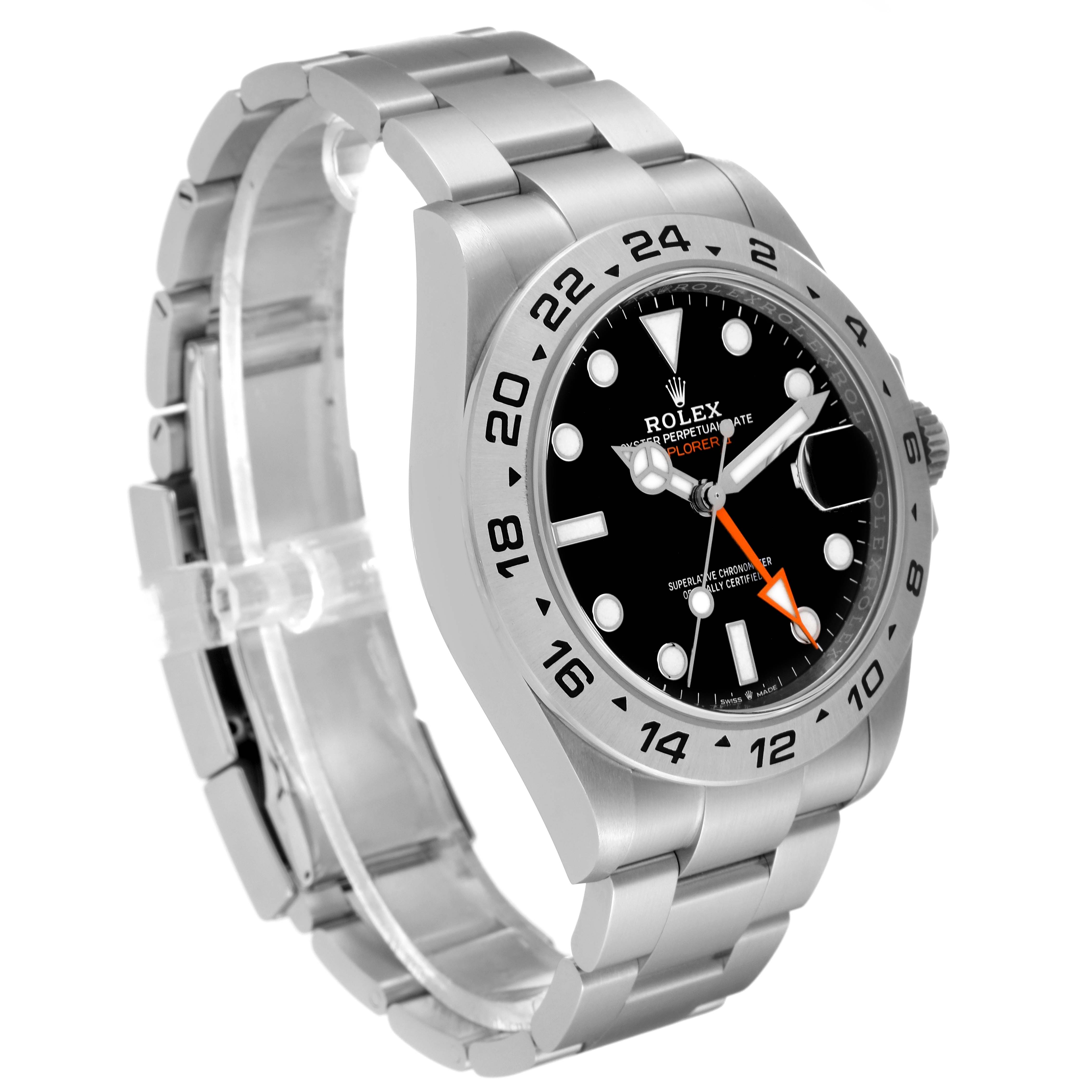 The image shows a side and front view of a Rolex Explorer 226570 Men
s Stainless Steel Black Dial 226570 Men
s Stainless Steel Black Dial watch, highlighting the bezel, dial, and part of the bracelet.