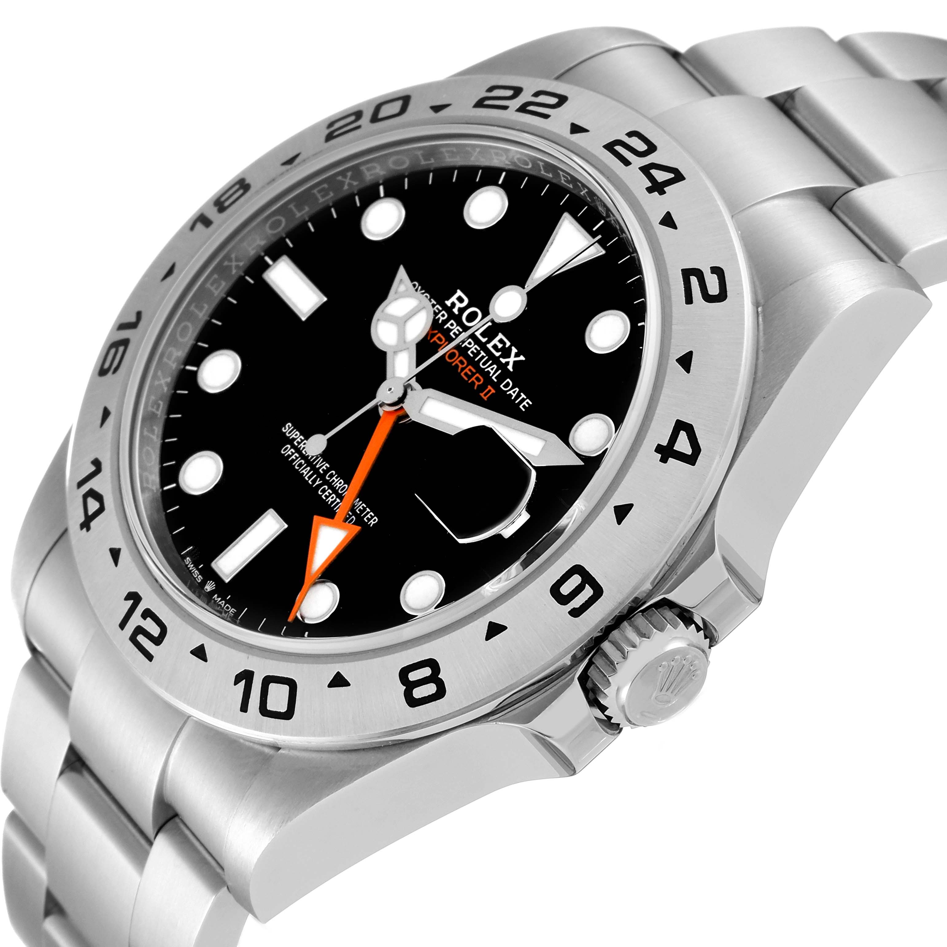 The Rolex Explorer 226570 Men
s Stainless Steel Black Dial 226570 Men
s Stainless Steel Black Dial watch is shown at an angle highlighting the bezel, dial, hands, crown, and part of the bracelet.