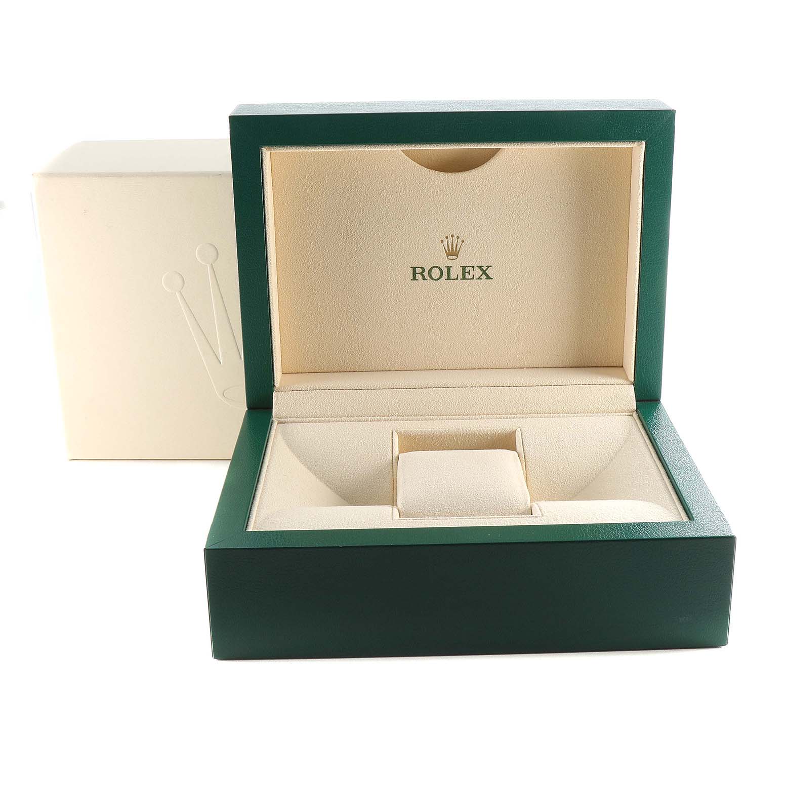 This image shows an open Rolex Explorer 226570 Men
s Stainless Steel Black Dial 226570 Men
s Stainless Steel Black Dial watch box, featuring green exterior and beige interior with the Rolex logo inside.
