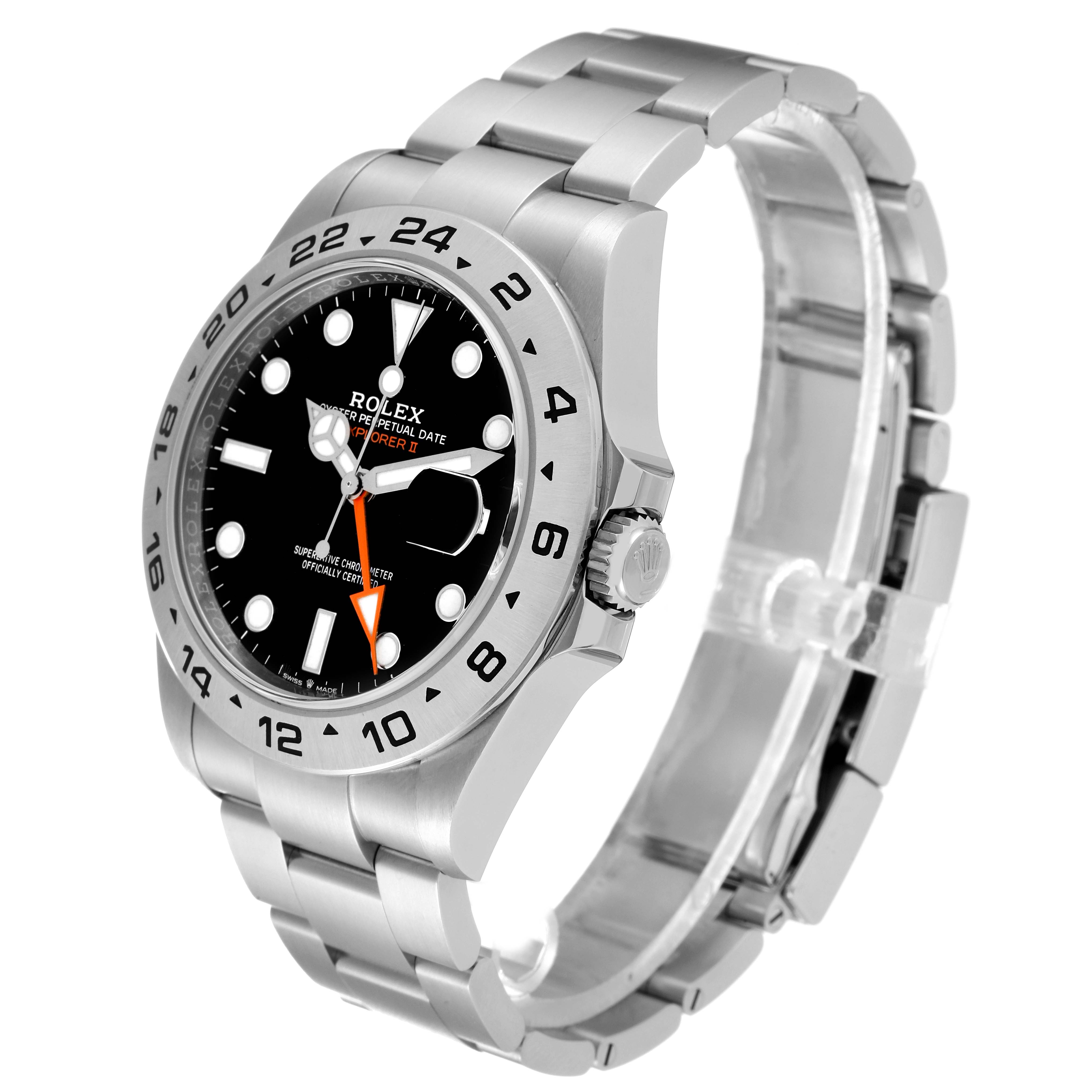 The Rolex Explorer 226570 Men
s Stainless Steel Black Dial 226570 Men
s Stainless Steel Black Dial watch is shown at a slightly tilted side angle, displaying its face, bezel, crown, and bracelet.