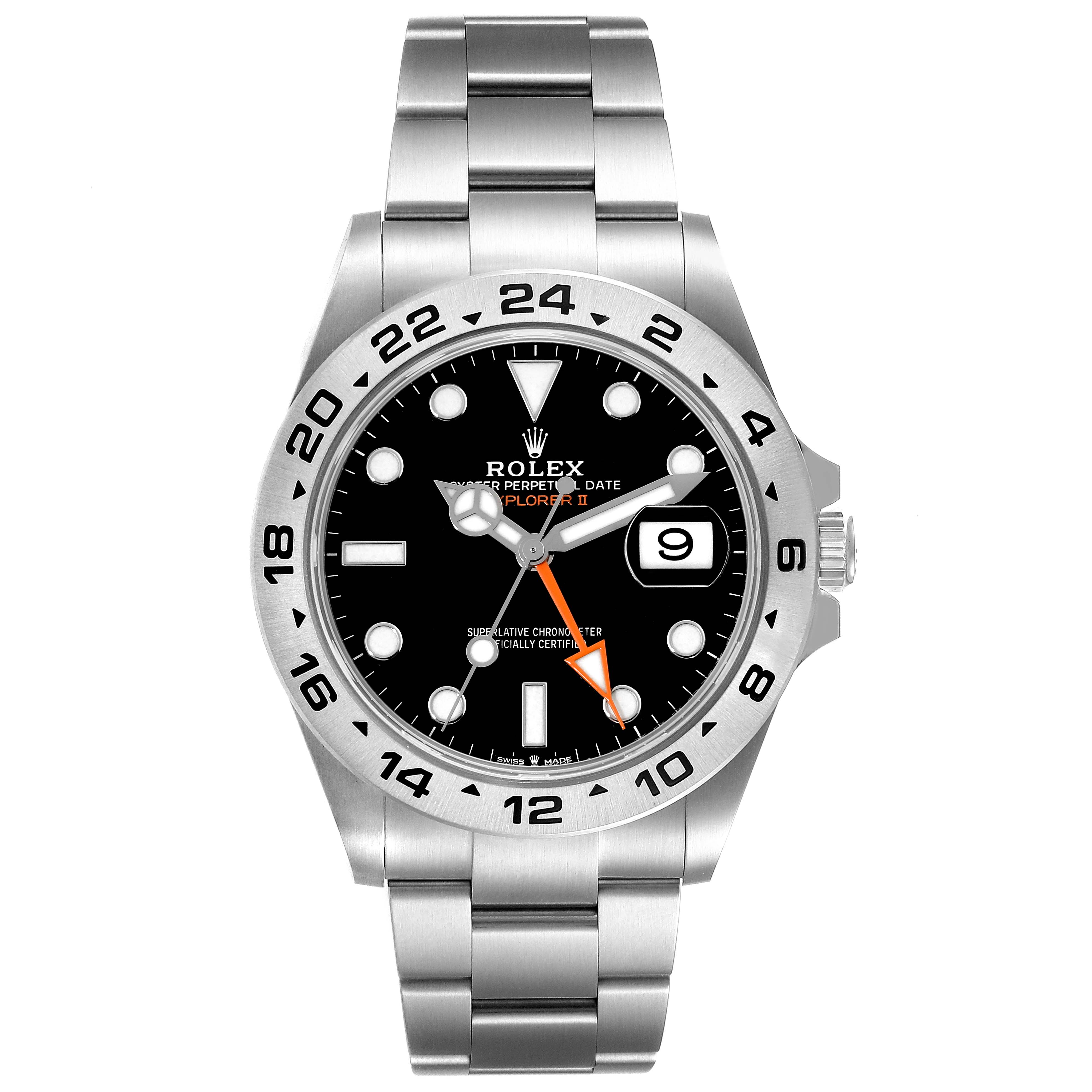This image shows a front view of the Rolex Explorer 226570 Men
s Stainless Steel Black Dial 226570 Men
s Stainless Steel Black Dial watch, displaying its bracelet, bezel, dial, and hands.