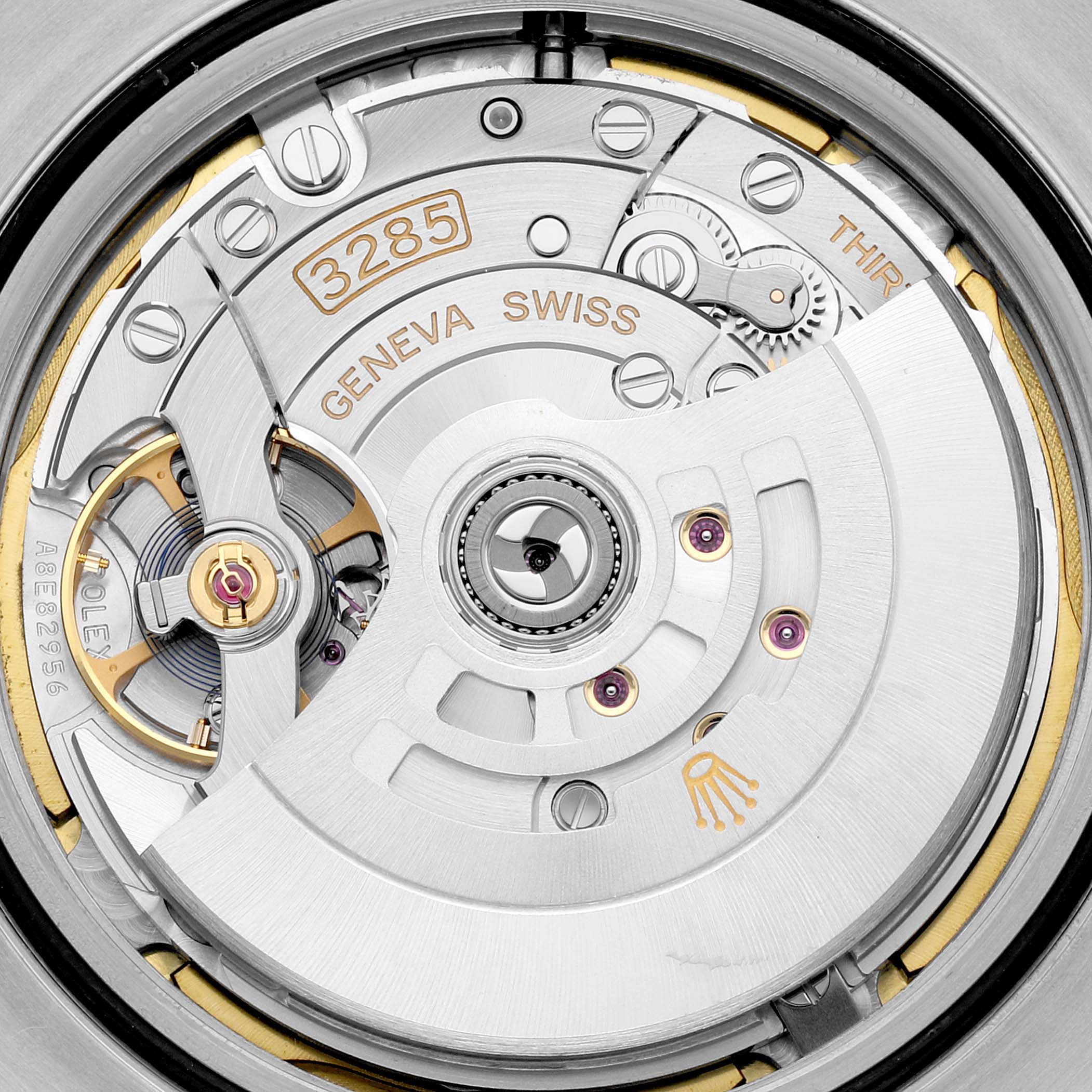 This image shows an up-close view of the intricate movement inside the Rolex Explorer M226570-0002 Men's Stainless Steel Black Dial M226570-0002 Men's Stainless Steel Black Dial model watch.