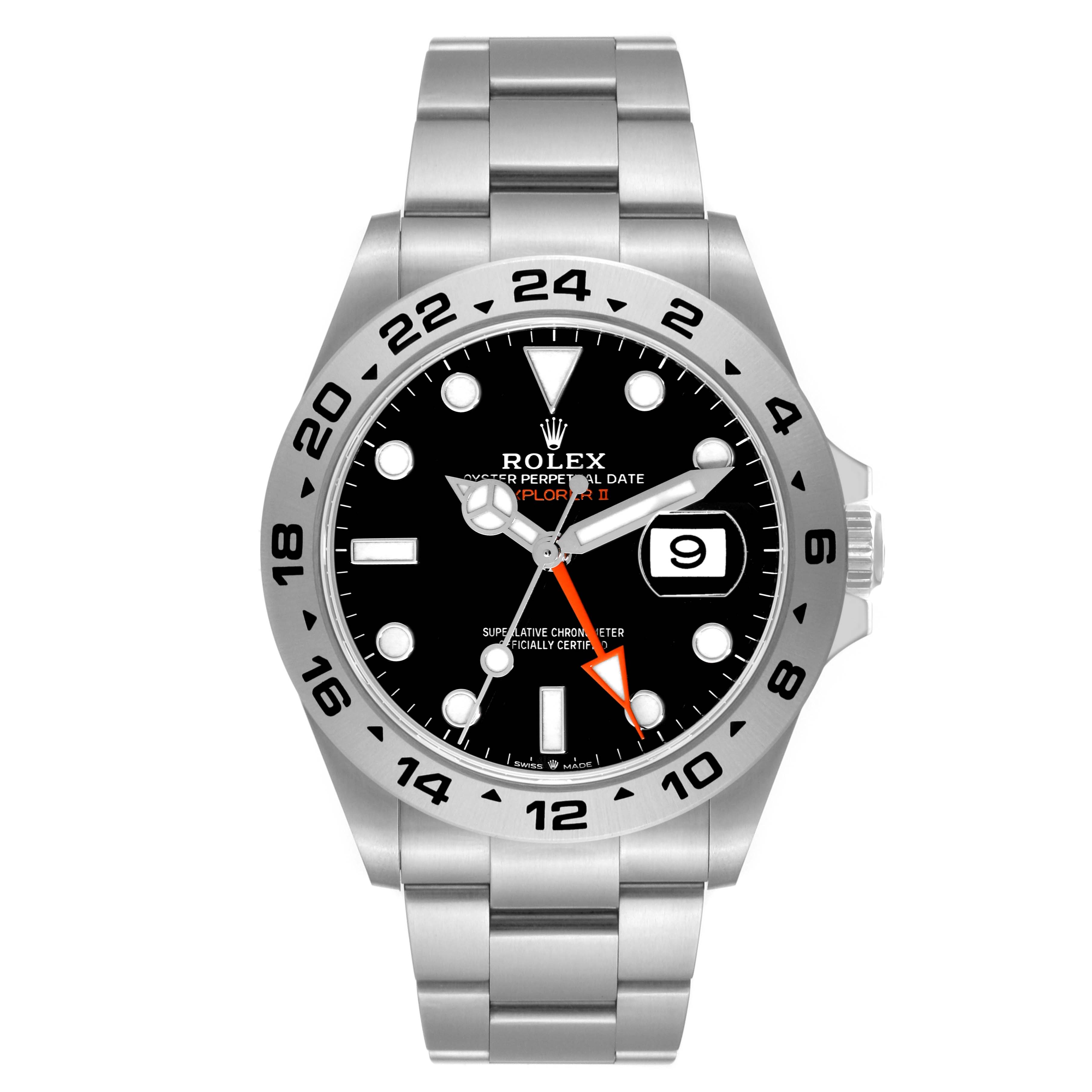 This image shows a front view of a Rolex Explorer M226570-0002 Men's Stainless Steel Black Dial M226570-0002 Men's Stainless Steel Black Dial watch, highlighting its dial, bezel, and bracelet.