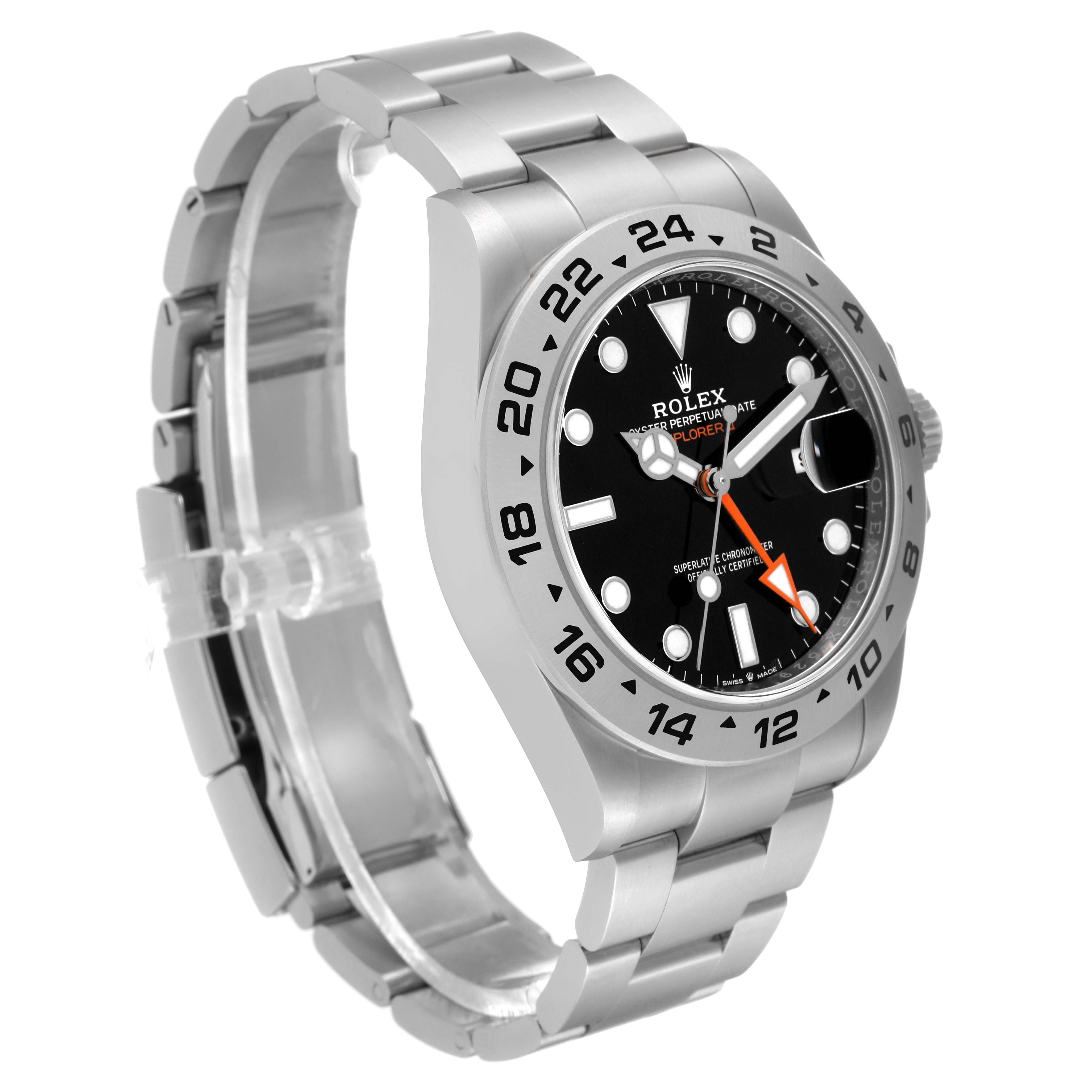 The image shows a side angle view of a Rolex Explorer M226570-0002 Men's Stainless Steel Black Dial M226570-0002 Men's Stainless Steel Black Dial model, highlighting the face, bezel, and part of the bracelet.