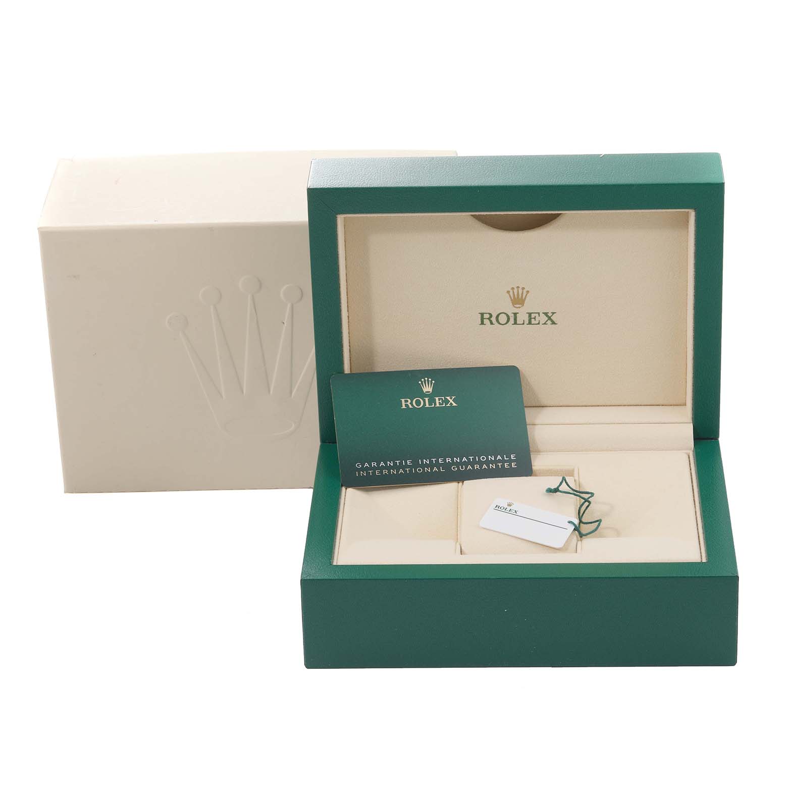 The image shows the packaging, inner box, guarantee card, and tag for a Rolex Explorer M226570-0002 Men's Stainless Steel Black Dial M226570-0002 Men's Stainless Steel Black Dial watch.