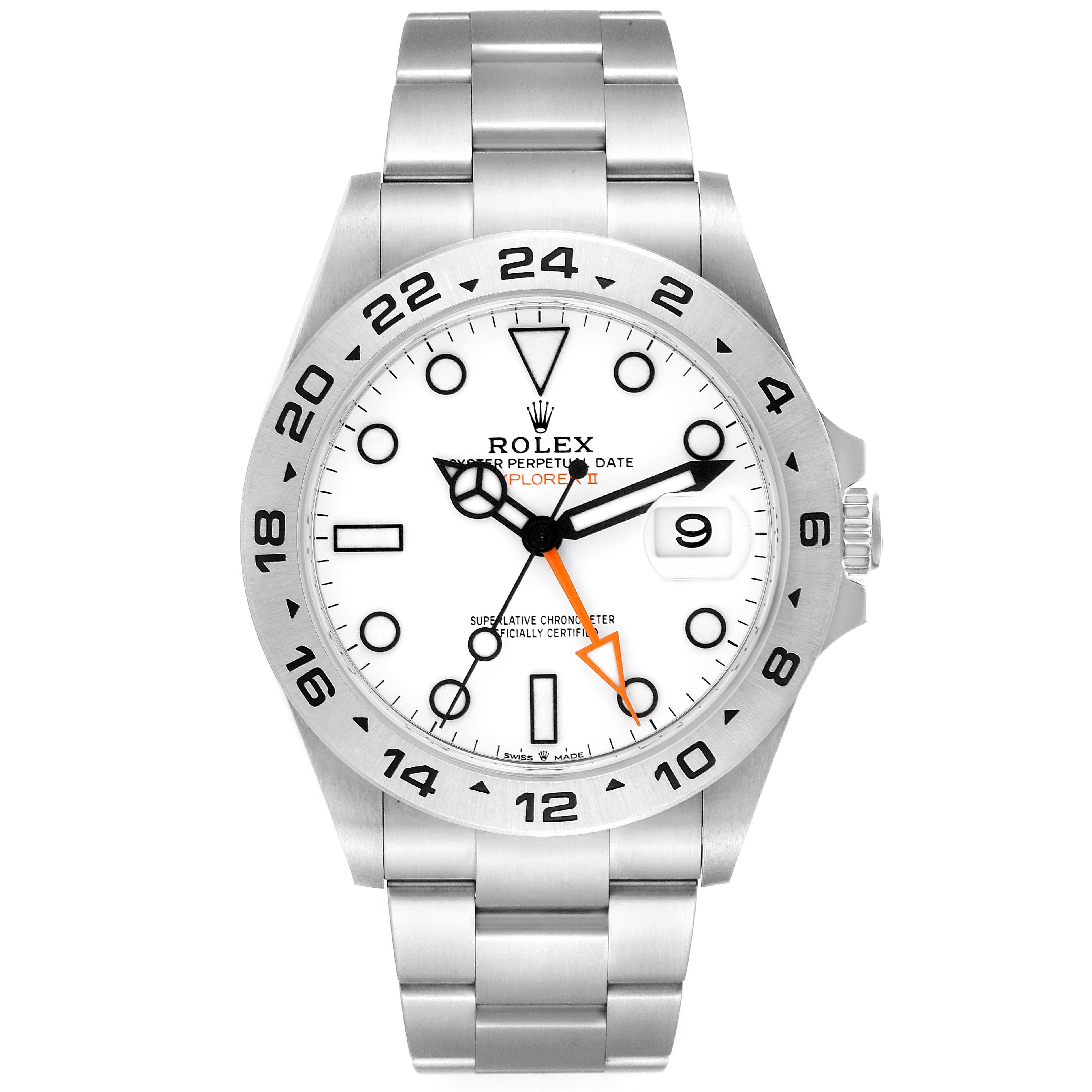 The Rolex Explorer 226570 Men
s Stainless Steel White Dial 226570 Men
s Stainless Steel White Dial watch is shown from a front angle, displaying the face, bezel, crown, and bracelet.