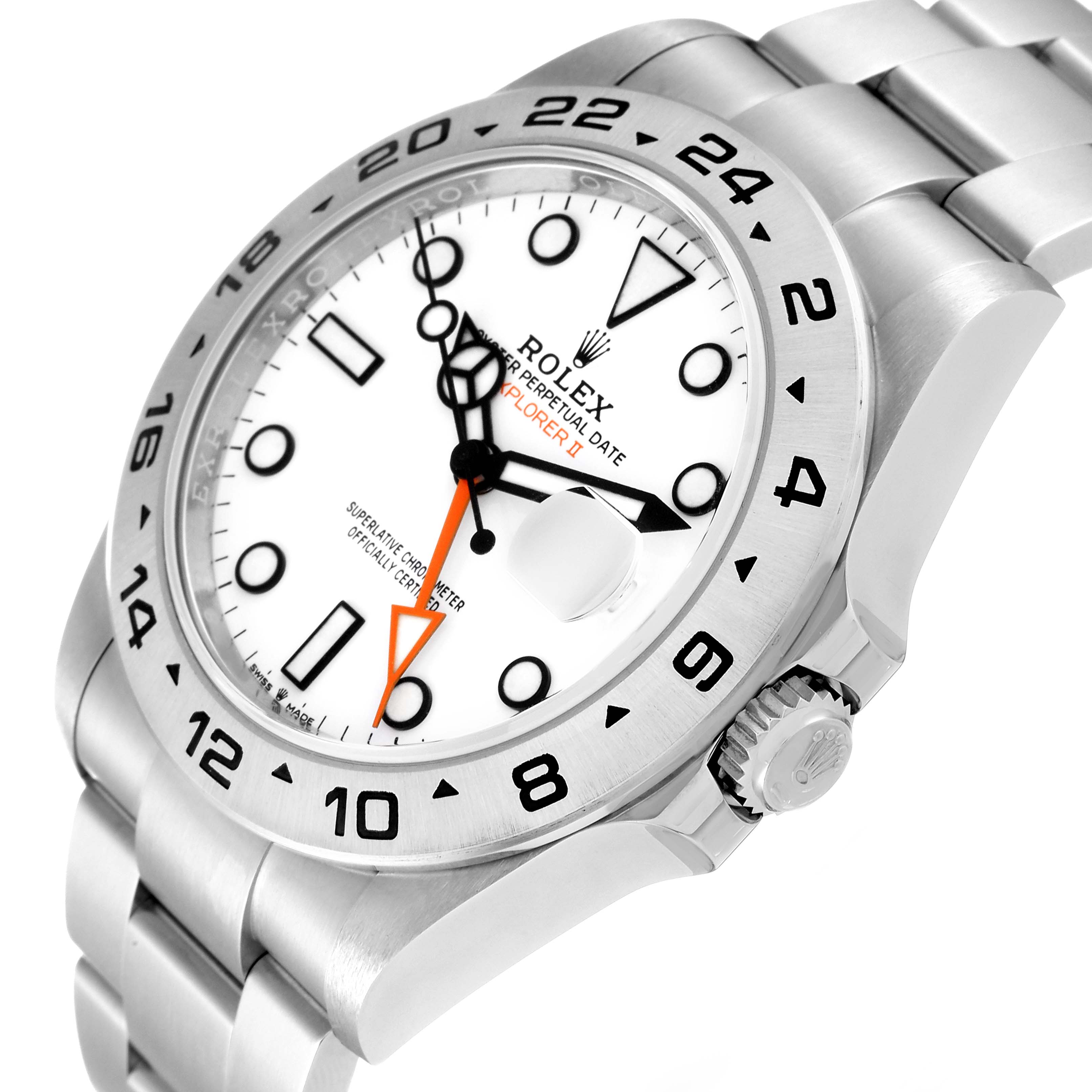 The image shows a Rolex Explorer 226570 Men
s Stainless Steel White Dial 226570 Men
s Stainless Steel White Dial model watch at an angle showcasing the watch face, bezel, crown, and part of the bracelet.