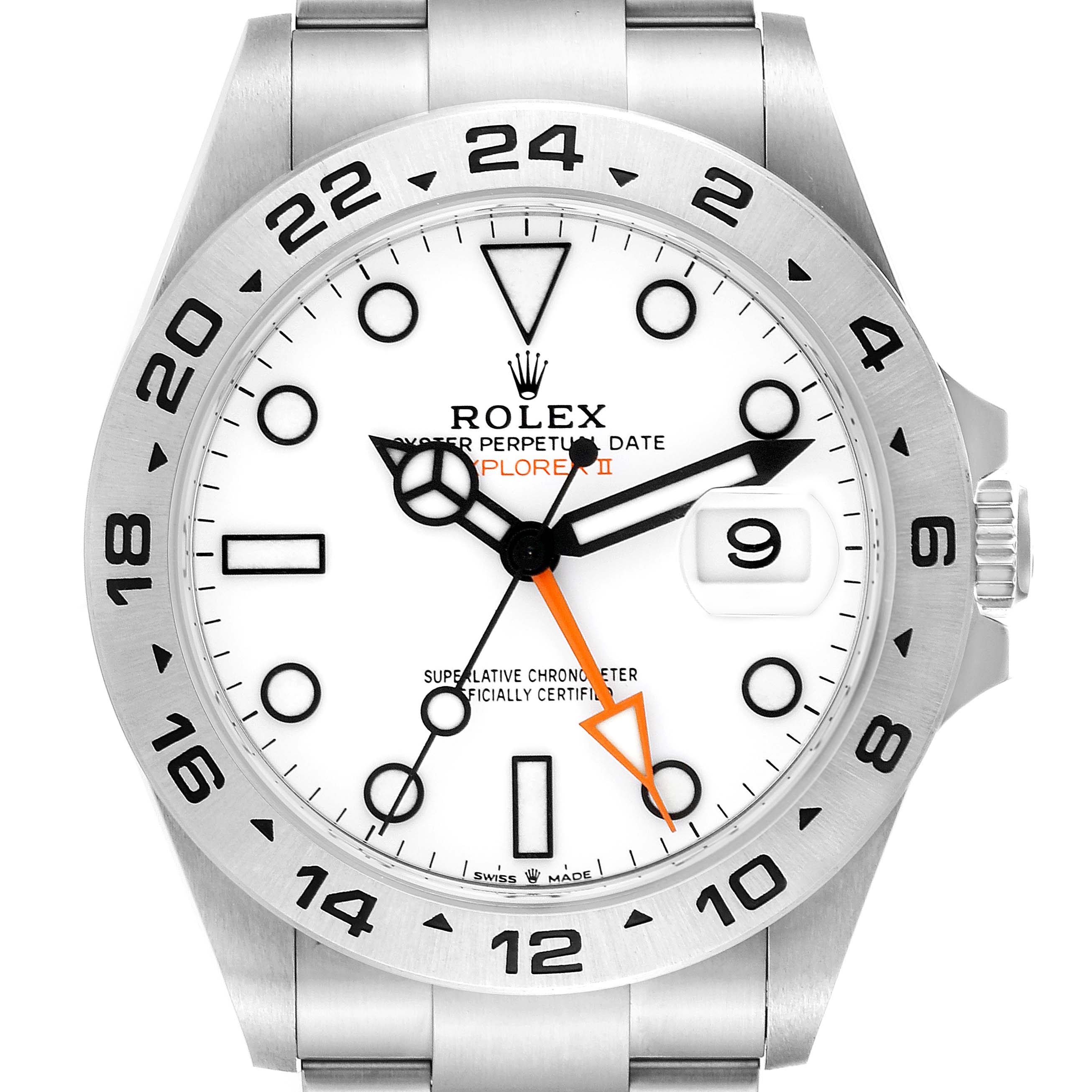 The image shows a front view of a Rolex Explorer 226570 Men
s Stainless Steel White Dial 226570 Men
s Stainless Steel White Dial watch, highlighting the dial, bezel, crown, and bracelet.