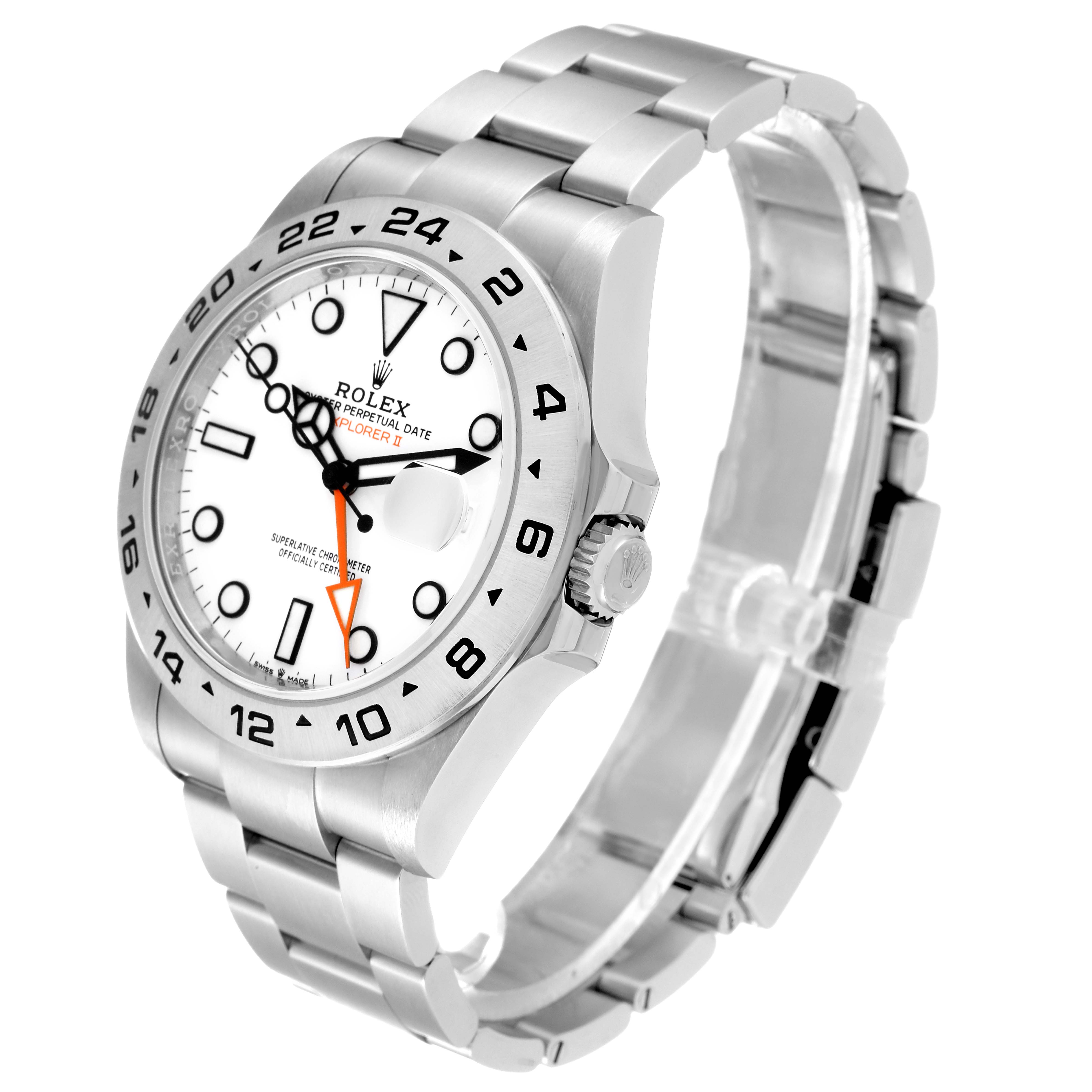 The Rolex Explorer 226570 Men
s Stainless Steel White Dial 226570 Men
s Stainless Steel White Dial watch is shown at a three-quarter angle highlighting the face, bezel, crown, and bracelet.