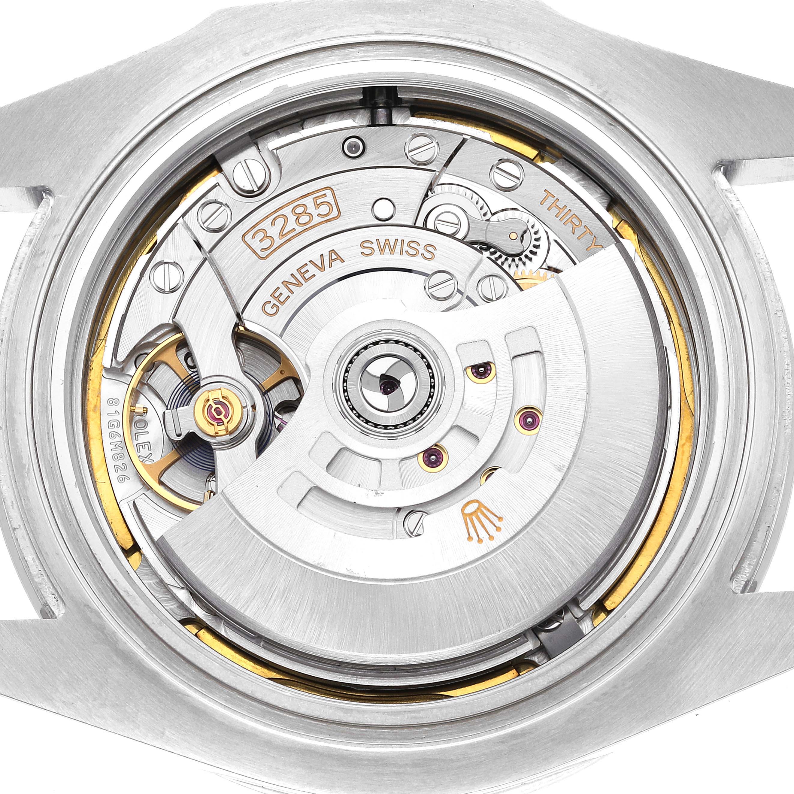 This image shows the inner mechanical movement of a Rolex Explorer 226570 Men
s Stainless Steel White Dial 226570 Men
s Stainless Steel White Dial watch viewed from the rear.
