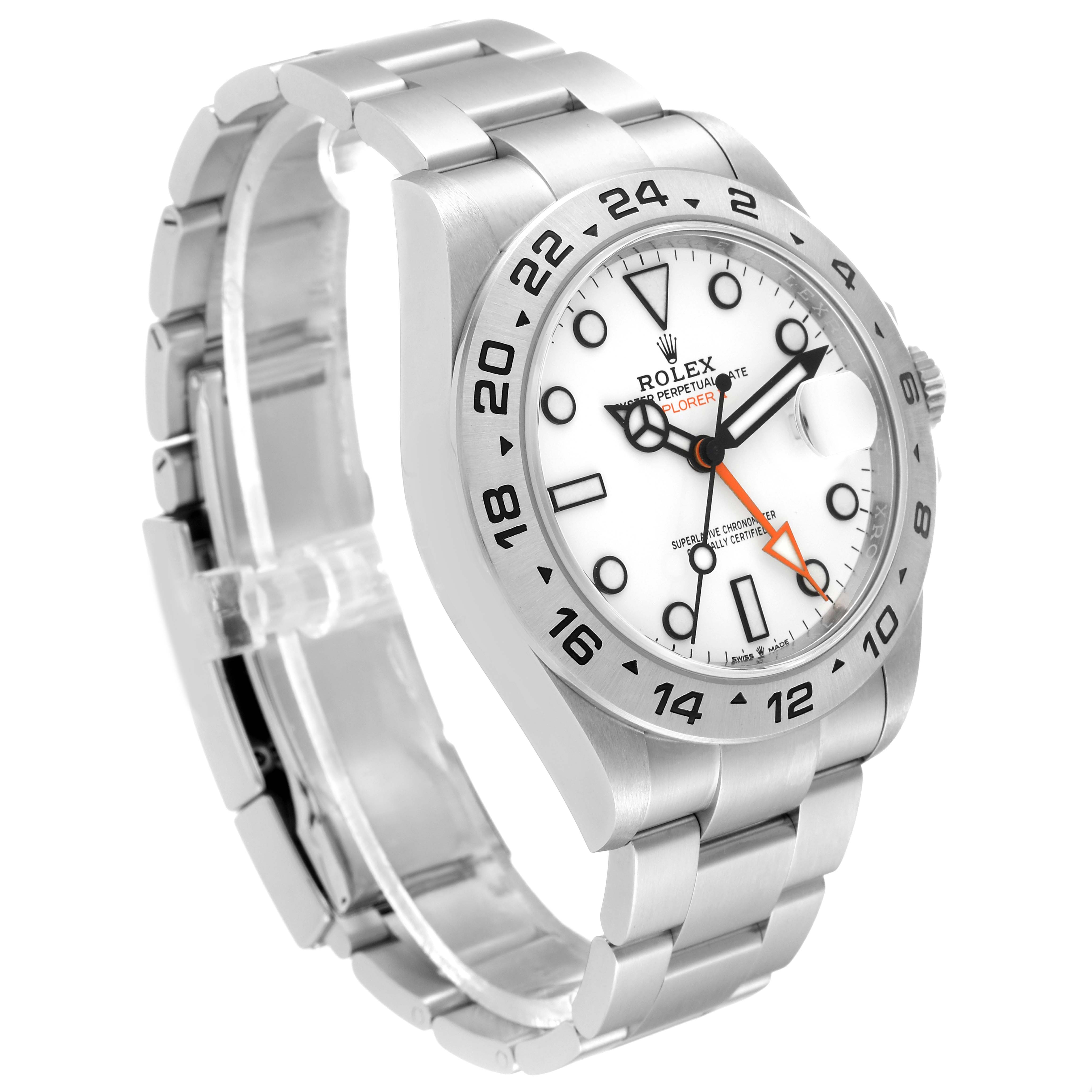 The angle of the Rolex Explorer 226570 Men
s Stainless Steel White Dial 226570 Men
s Stainless Steel White Dial watch shown is a three-quarter view, highlighting the face, bezel, and part of the bracelet.
