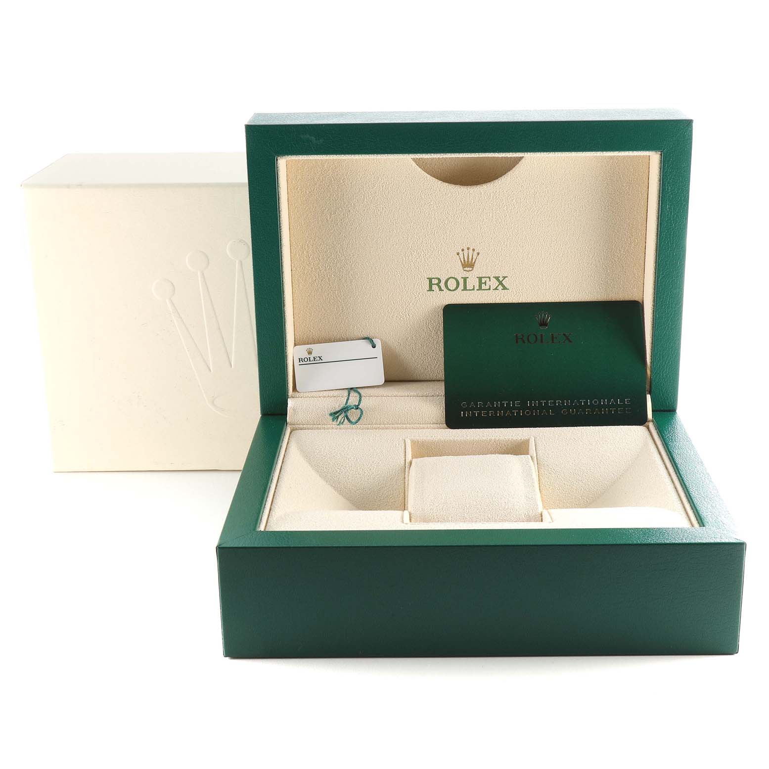 This image shows the open box, tag, and guarantee card for the Explorer model by Rolex, viewed from the front.