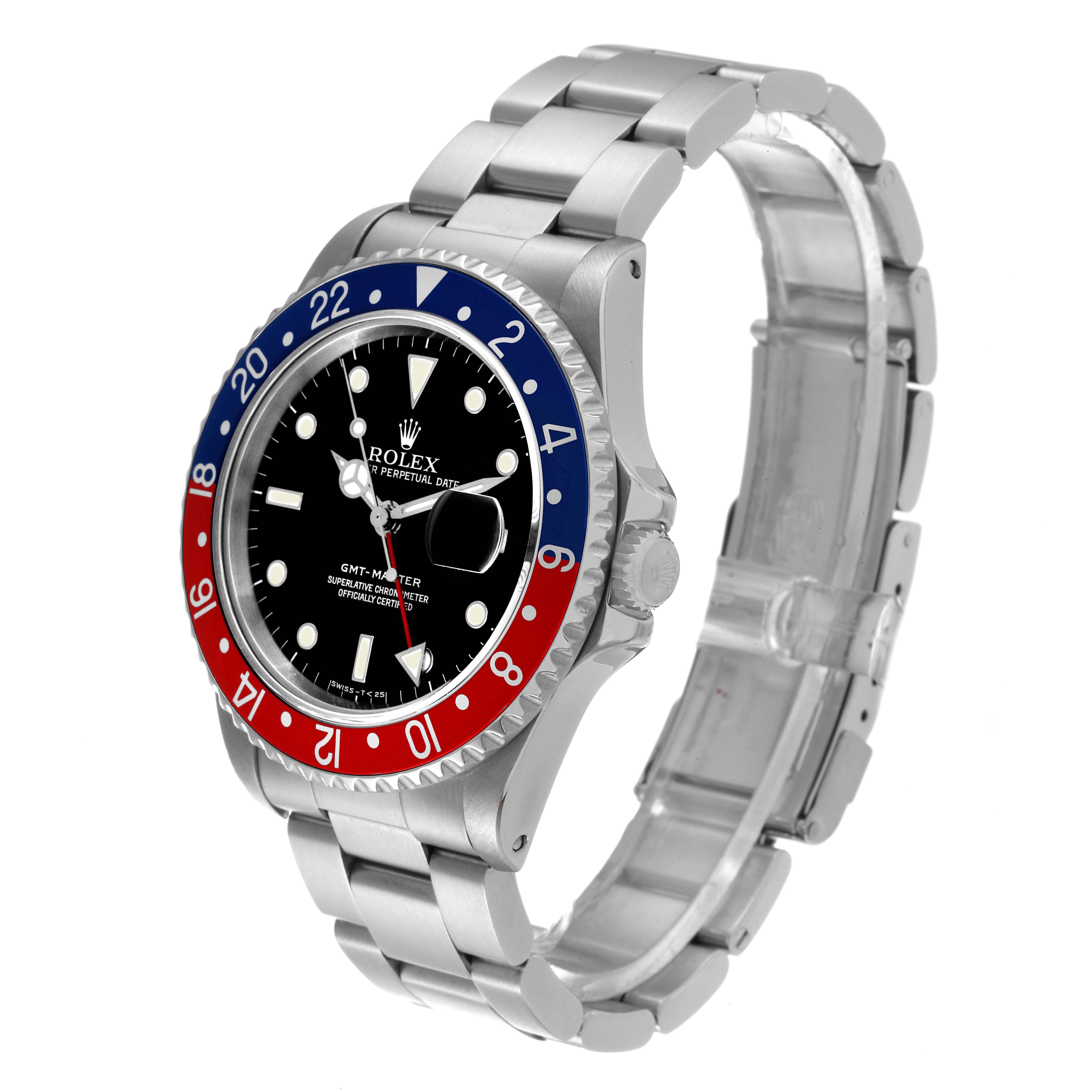 This image shows a Rolex GMT-Master 16700 Men's Stainless Steel Black Dial 16700 Men's Stainless Steel Black Dial watch angled to display its face, bezel, and bracelet.