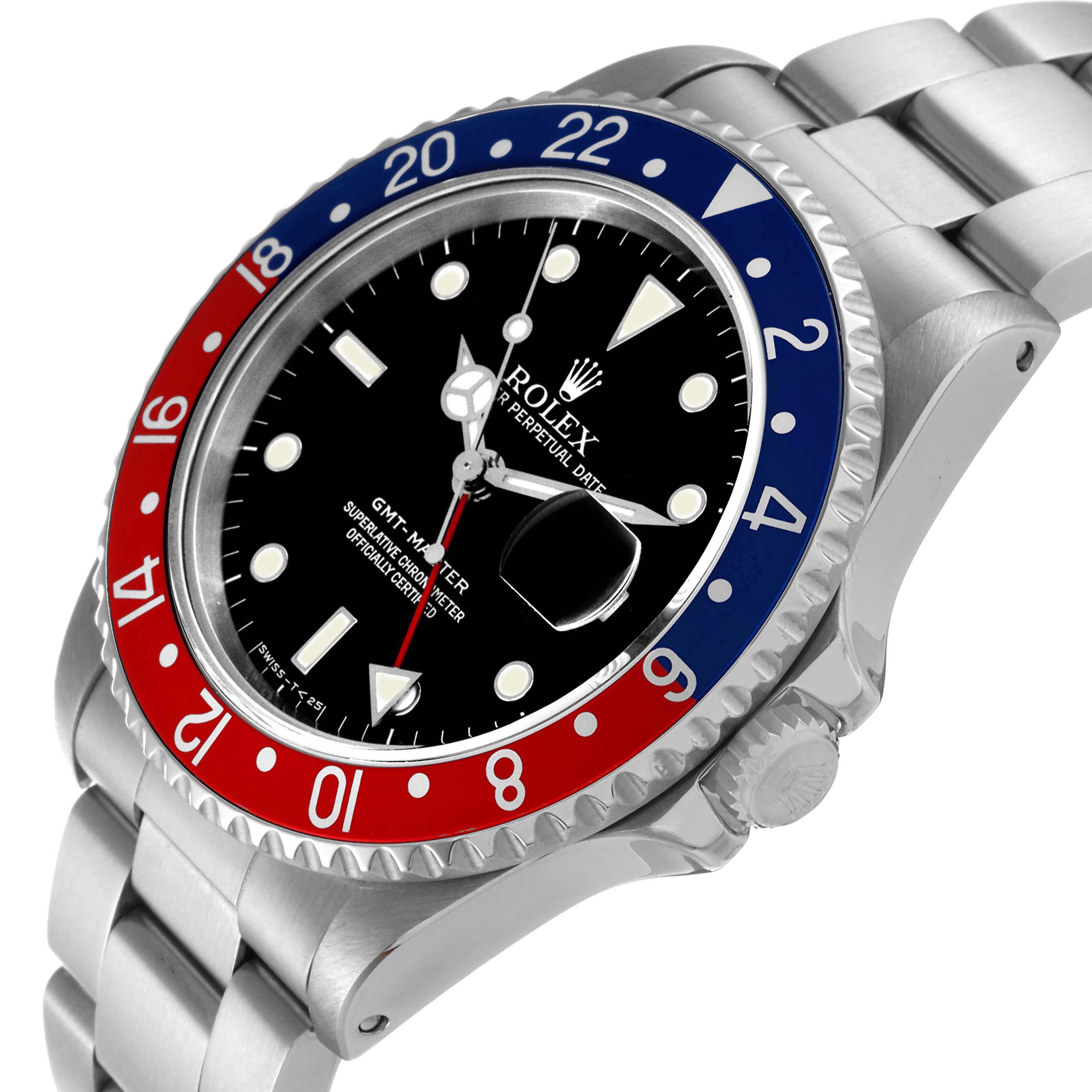 This image shows a Rolex GMT-Master 16700 Men's Stainless Steel Black Dial 16700 Men's Stainless Steel Black Dial watch at a slight side angle, highlighting the bezel, dial, and bracelet.