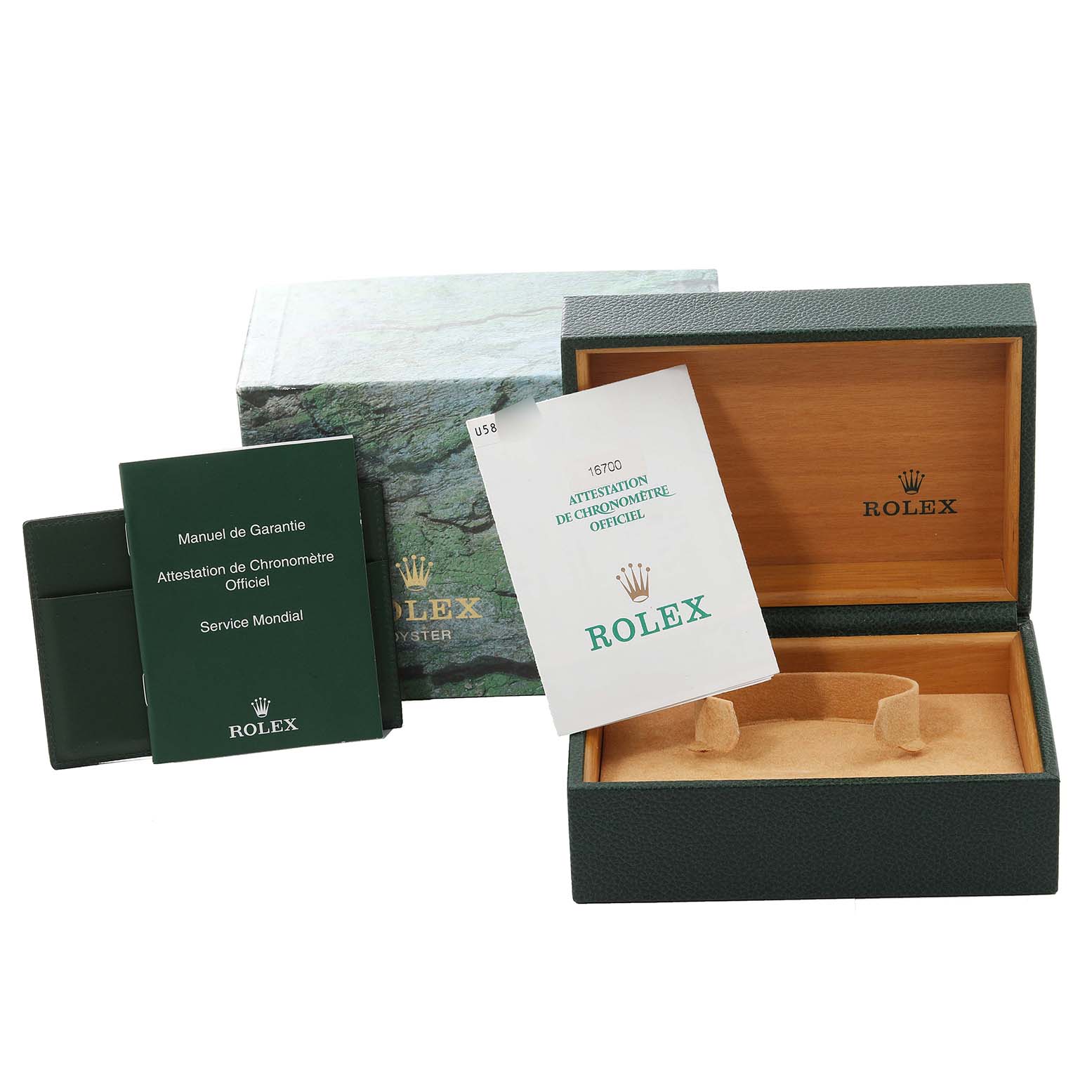 The image shows the packaging and documentation for the Rolex GMT-Master 16700 Men's Stainless Steel Black Dial 16700 Men's Stainless Steel Black Dial, including a box, a warranty manual, and chronometer certification.