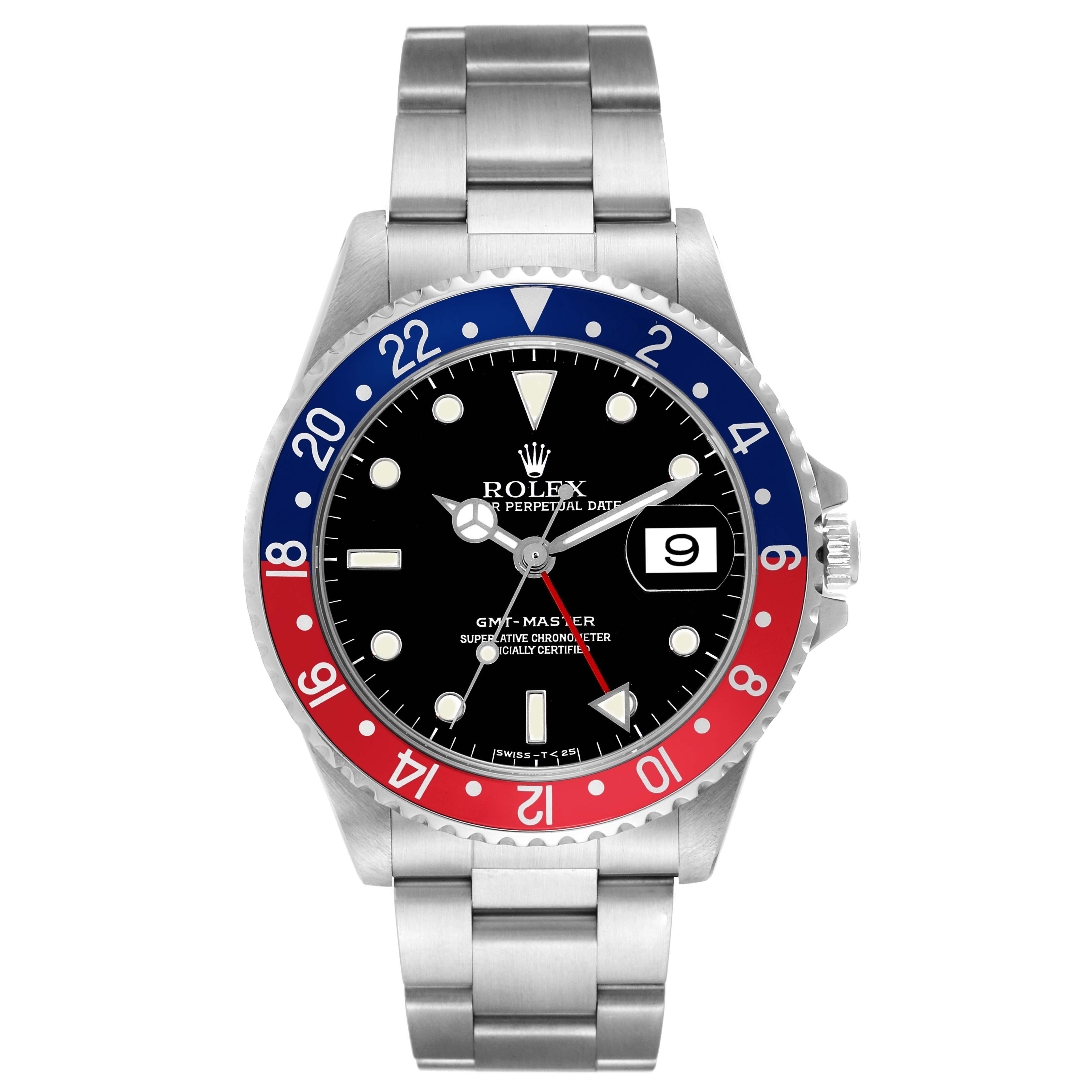 This image shows a front view of a Rolex GMT-Master 16700 Men's Stainless Steel Black Dial 16700 Men's Stainless Steel Black Dial watch, displaying the dial, bezel, and bracelet.