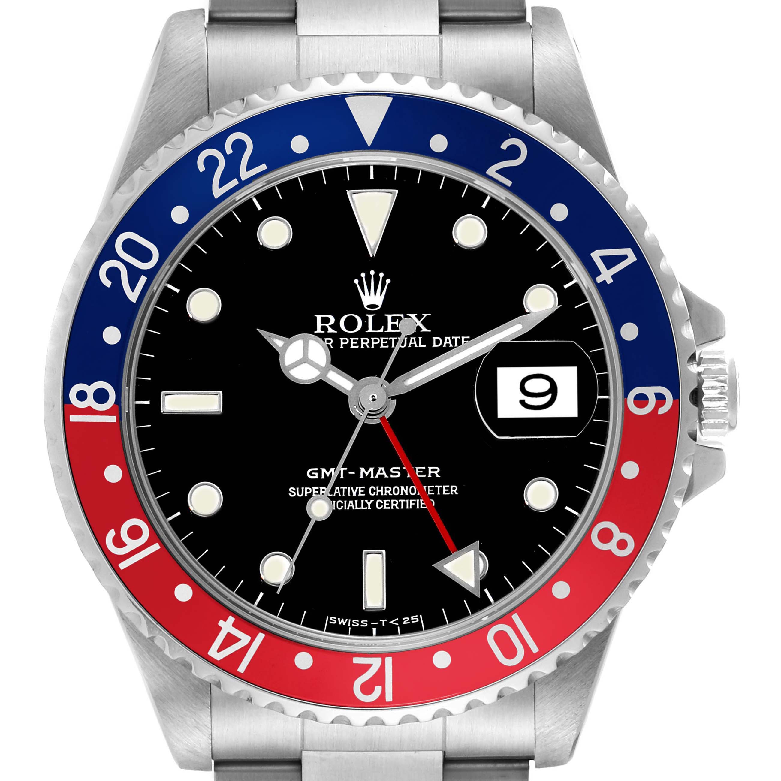 This image shows a frontal view of the Rolex GMT-Master 16700 Men's Stainless Steel Black Dial 16700 Men's Stainless Steel Black Dial watch, highlighting its dial, bezel, and part of the bracelet.