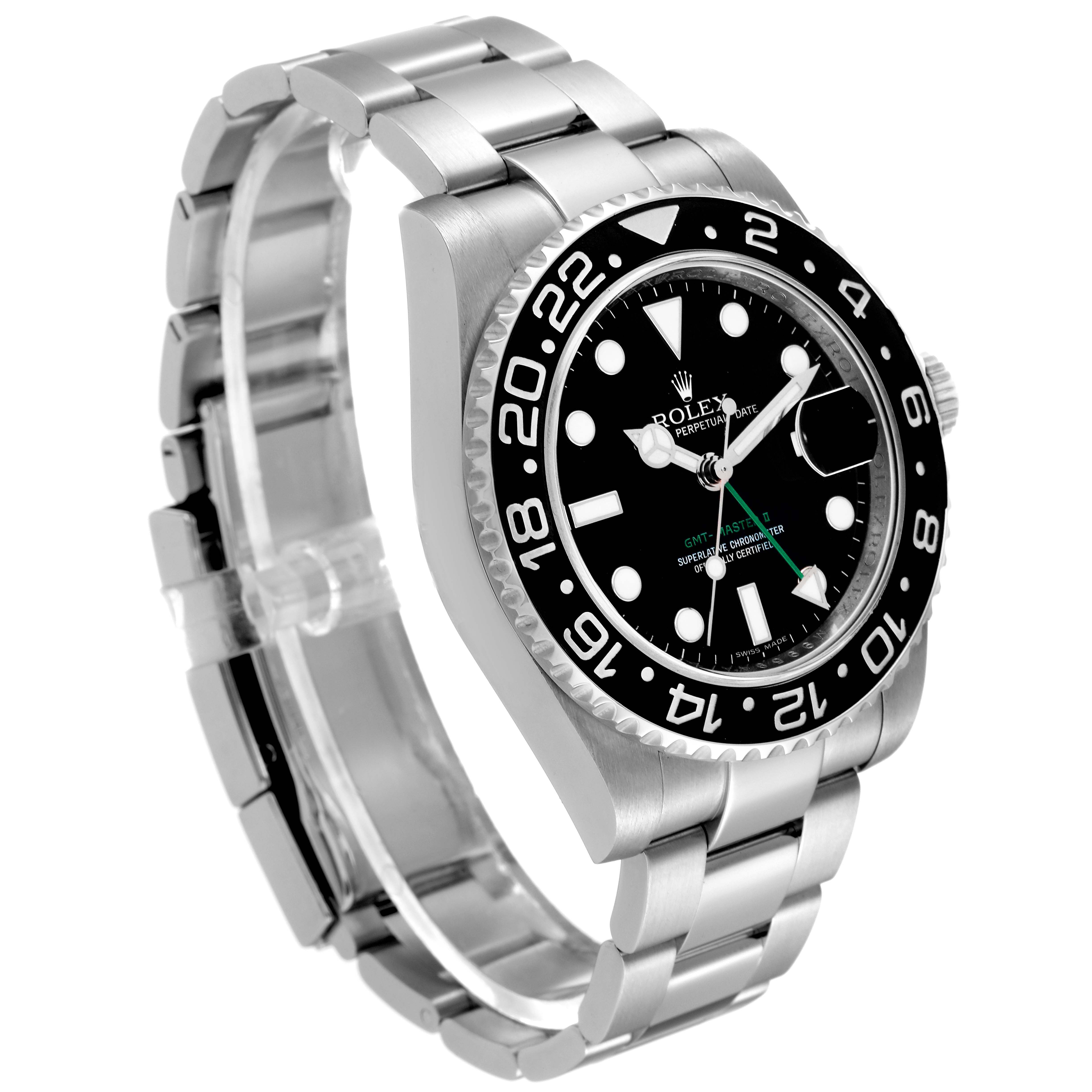 The Rolex GMT-Master 116710 Men's Stainless Steel Black Dial 116710 Men's Stainless Steel Black Dial watch is shown at an angle displaying the bracelet, bezel, and face.