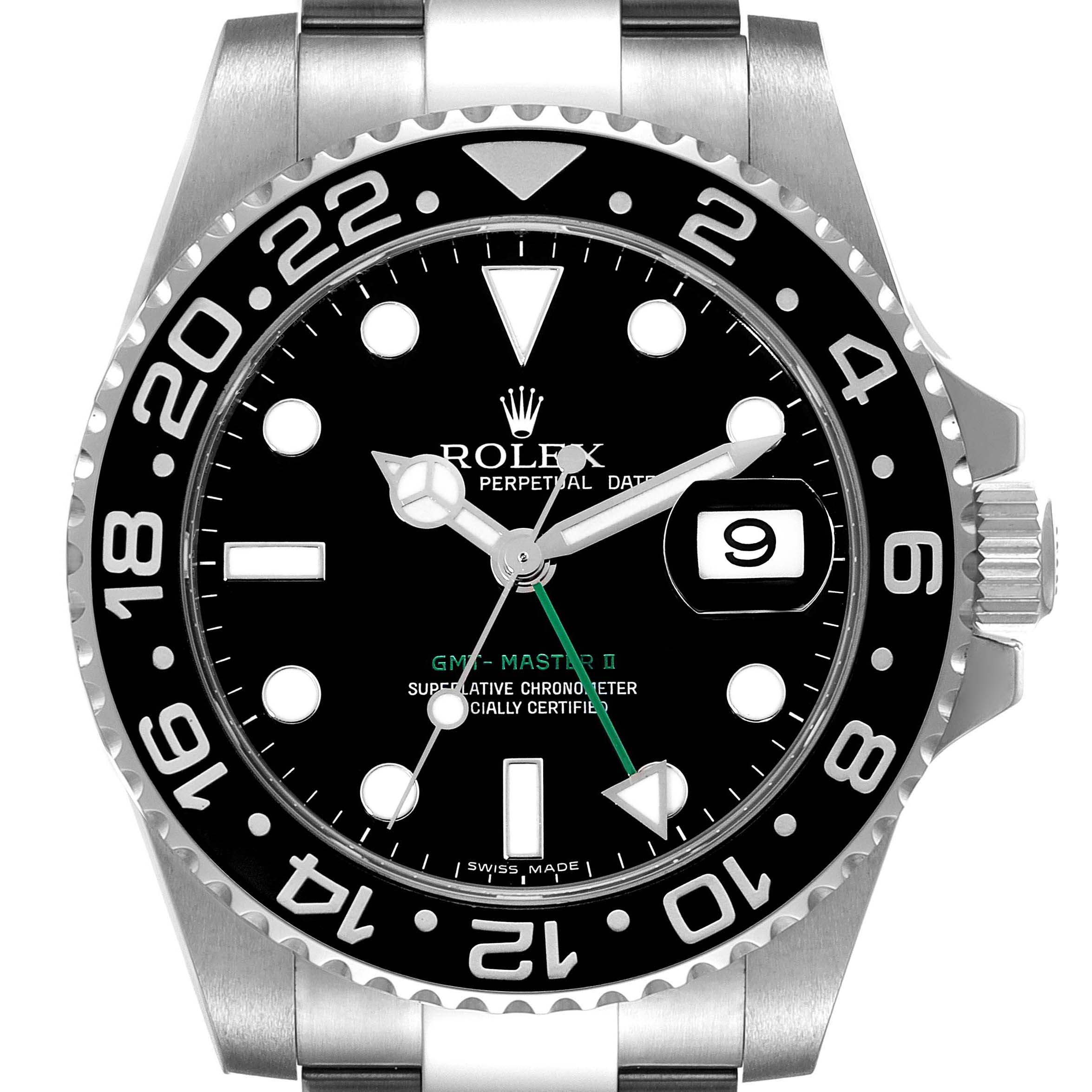The image shows a front view of the Rolex GMT-Master 116710 Men's Stainless Steel Black Dial 116710 Men's Stainless Steel Black Dial II, highlighting the bezel, dial, and hands.