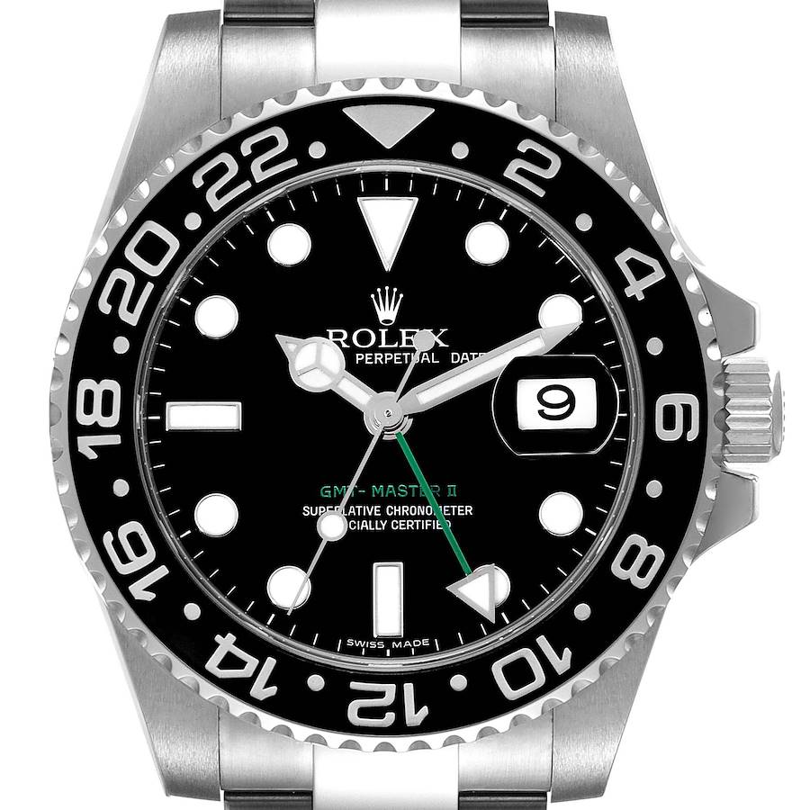 The image shows a front view of the Rolex GMT-Master II, highlighting the bezel, dial, and hands.