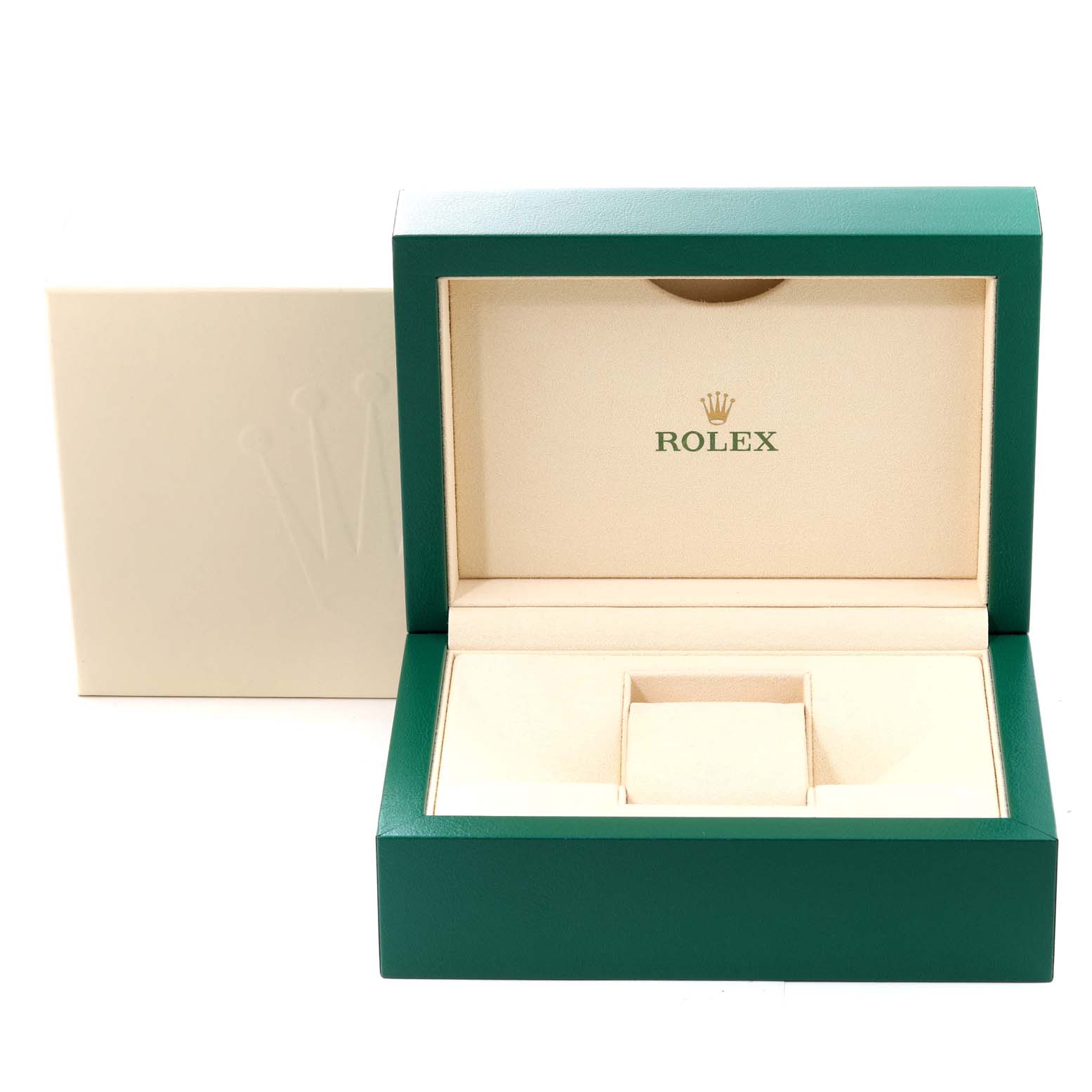 The image shows an open green and beige Rolex box for the GMT-Master model, viewed from the front.