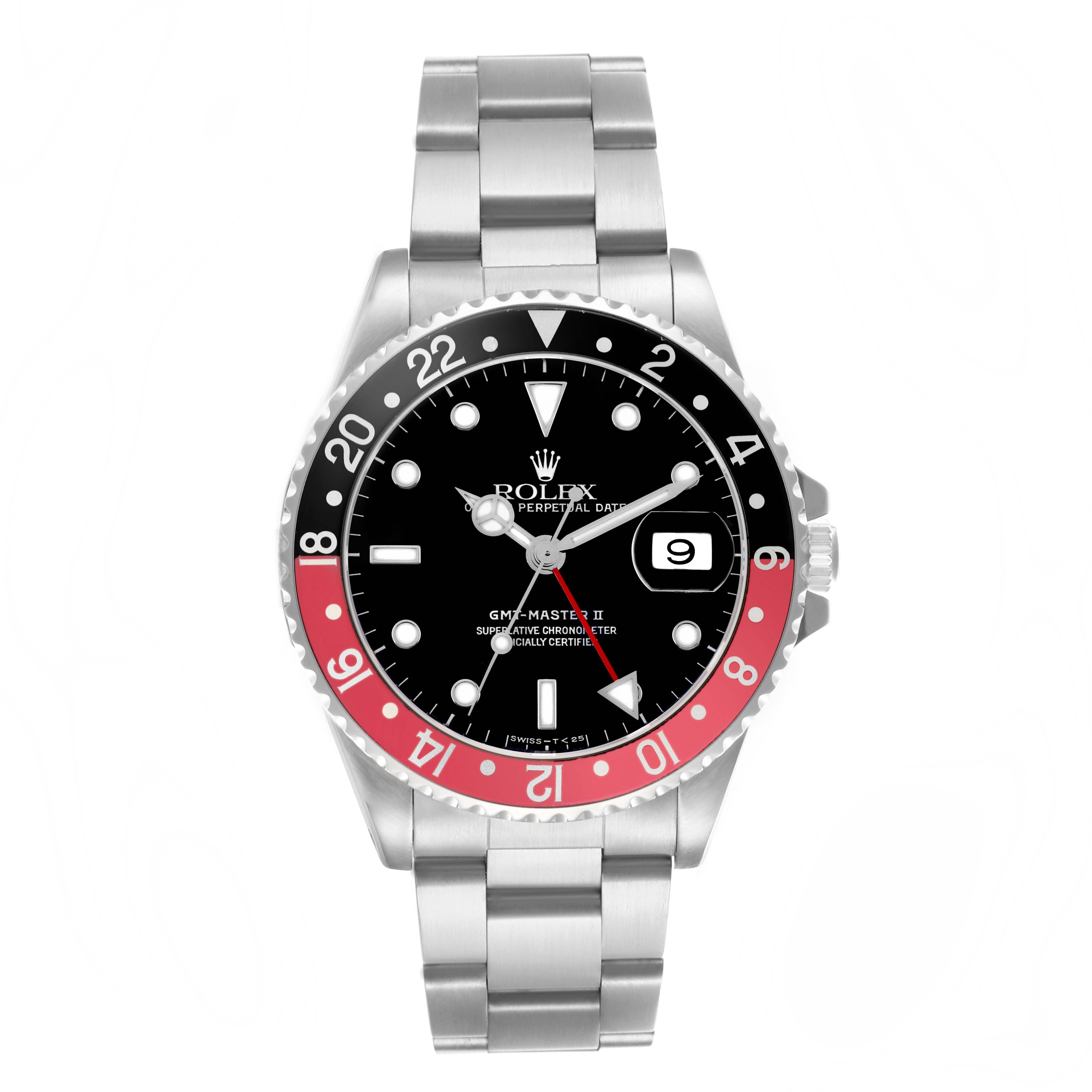 The Rolex GMT-Master 16710 Men
s Stainless Steel Black Dial 16710 Men
s Stainless Steel Black Dial watch is shown from the front, highlighting its dial, case, bezel, and bracelet.