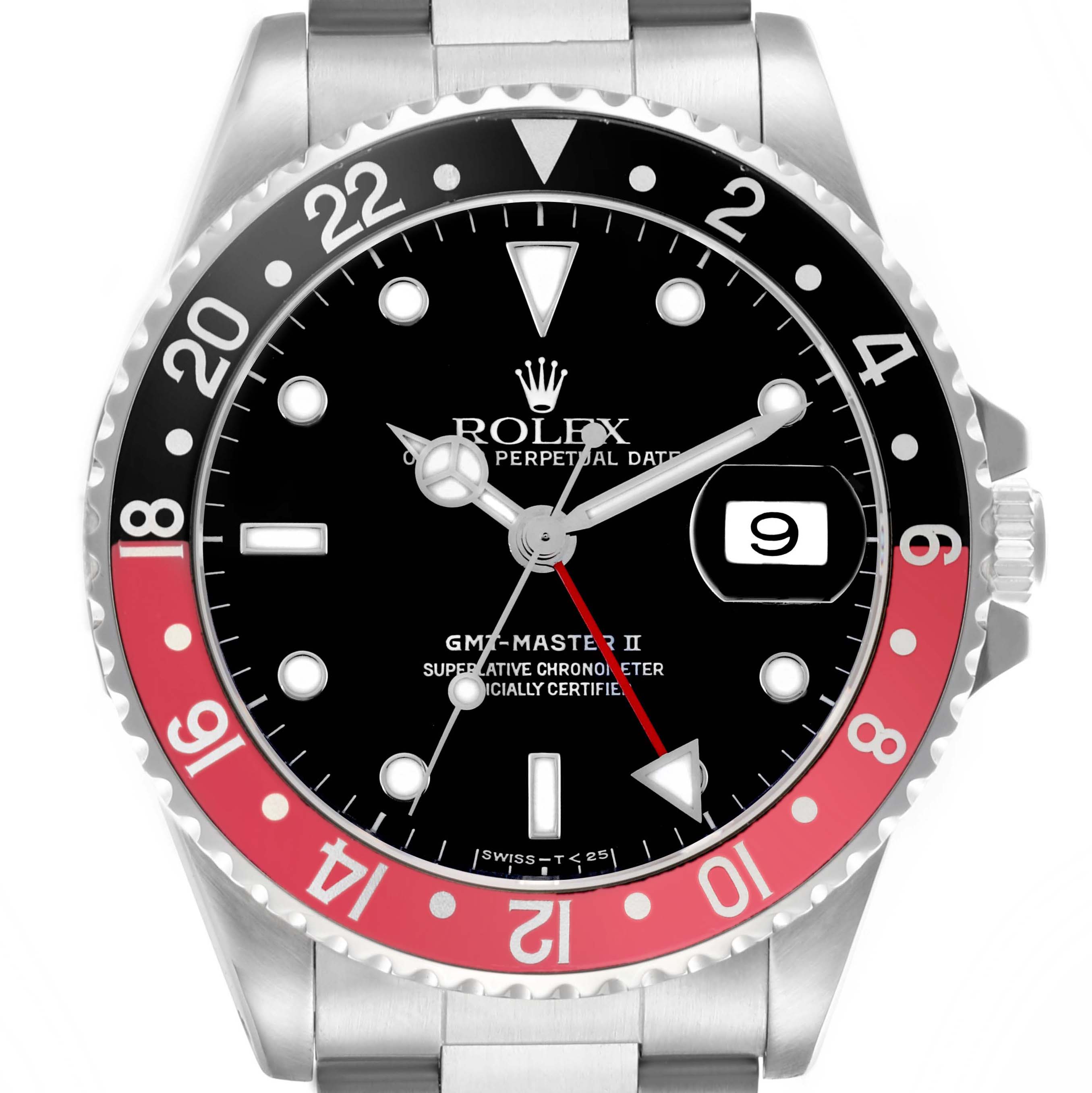 The Rolex GMT-Master 16710 Men
s Stainless Steel Black Dial 16710 Men
s Stainless Steel Black Dial model is shown from a front view, displaying the bezel, dial, hands, and date.