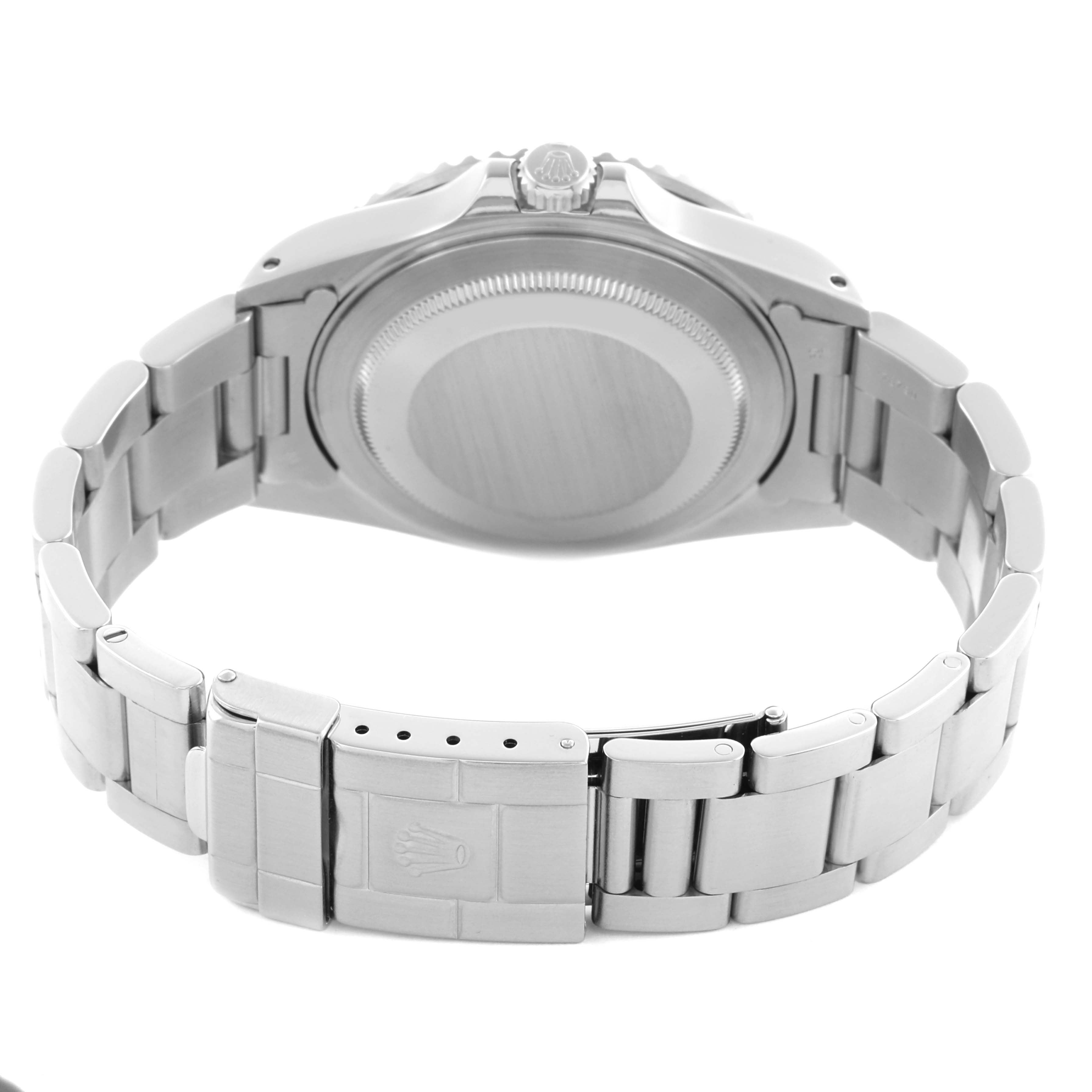 The image shows the back of a Rolex GMT-Master 16710 Men
s Stainless Steel Black Dial 16710 Men
s Stainless Steel Black Dial watch, highlighting the case back and bracelet clasp.