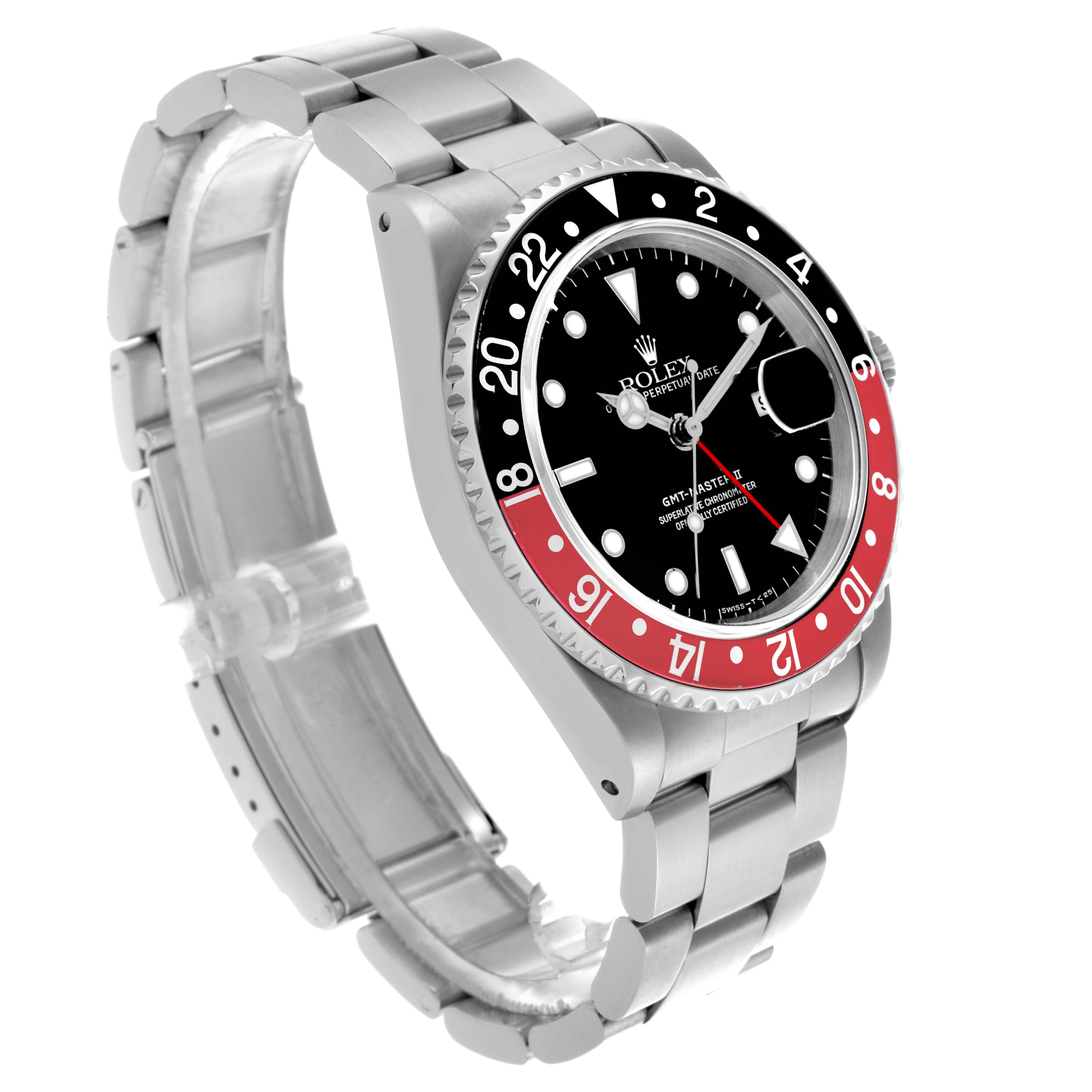 The Rolex GMT-Master 16710 Men
s Stainless Steel Black Dial 16710 Men
s Stainless Steel Black Dial watch is shown from an angled side view, highlighting the dial, bezel, and bracelet.