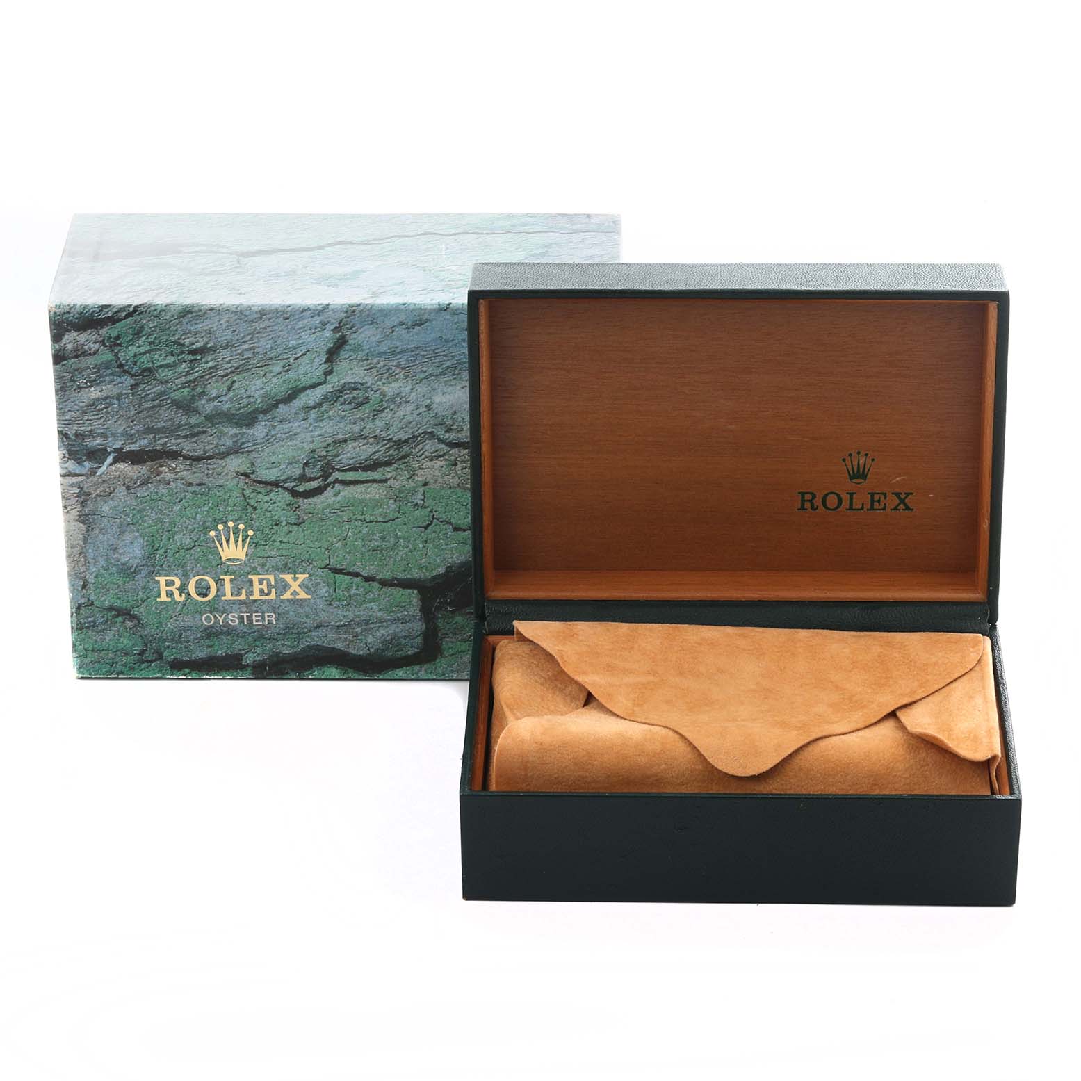 The image shows a Rolex GMT-Master 16710 Men
s Stainless Steel Black Dial 16710 Men
s Stainless Steel Black Dial box and a leather pouch, angled to display the inside and brand logo.