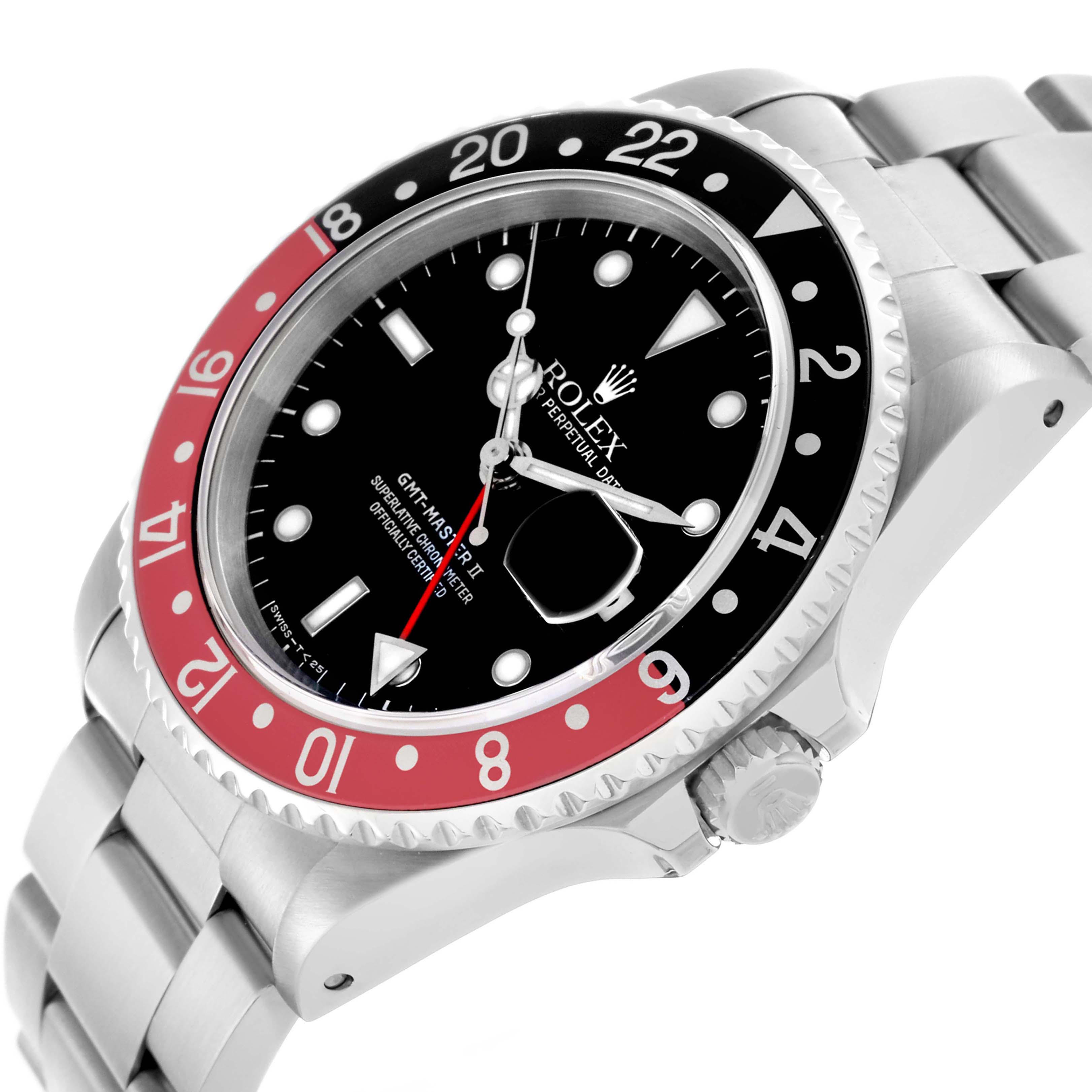 The image shows a Rolex GMT-Master 16710 Men
s Stainless Steel Black Dial 16710 Men
s Stainless Steel Black Dial watch from a front-side angle, highlighting its bezel, dial, and bracelet.