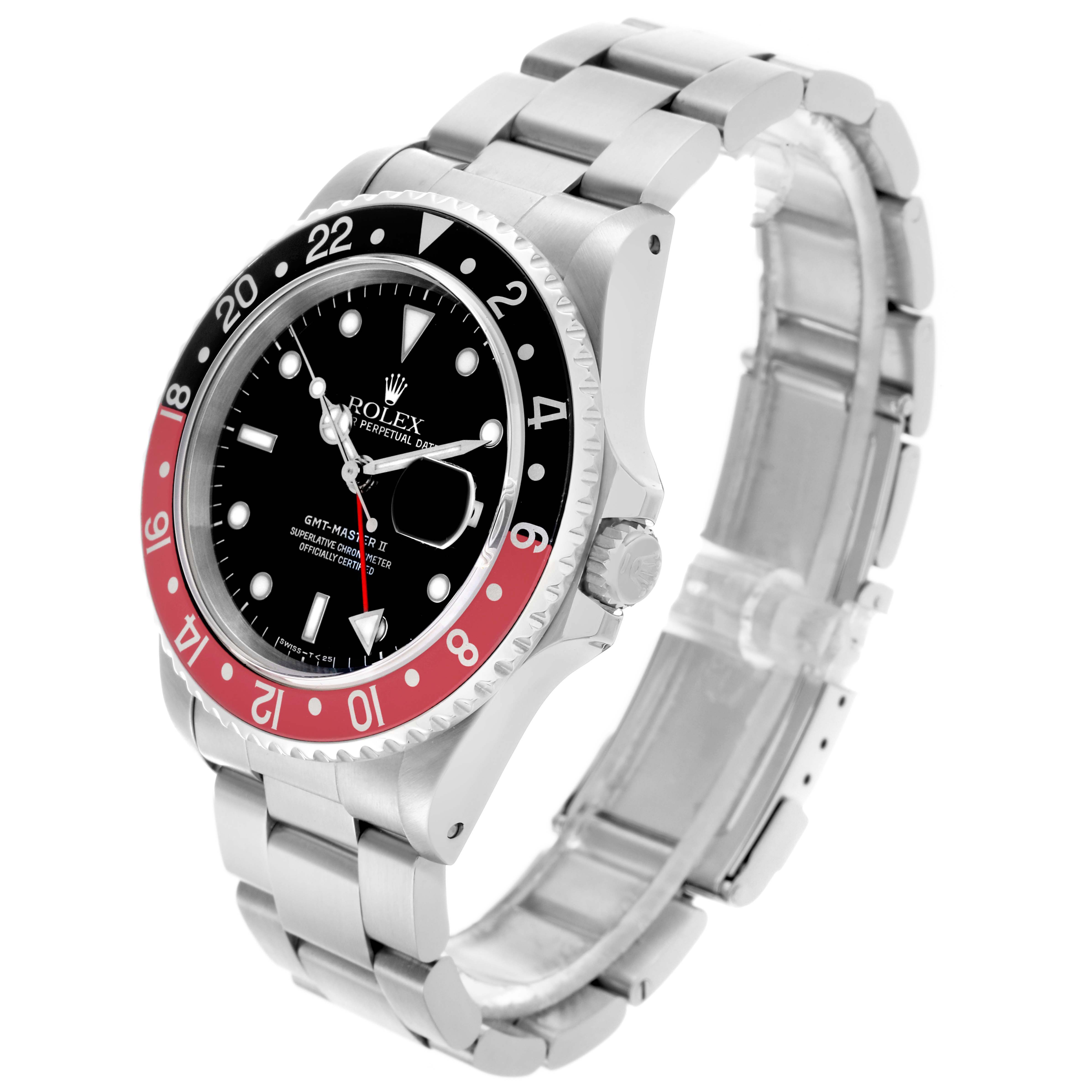 The Rolex GMT-Master 16710 Men
s Stainless Steel Black Dial 16710 Men
s Stainless Steel Black Dial watch is shown at a slight angled side view, highlighting its bezel, dial, and bracelet.