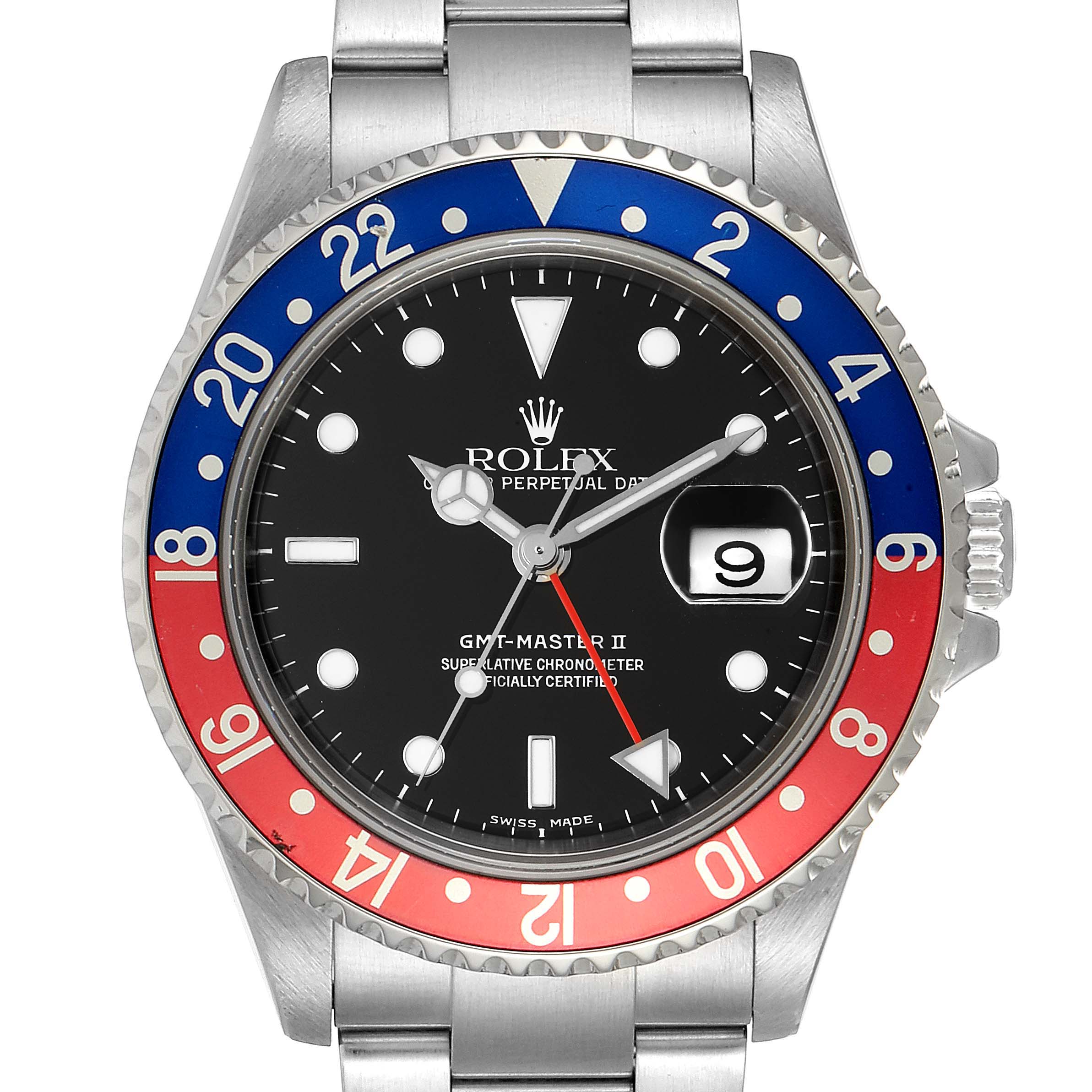 The image shows a front view of a Rolex GMT-Master 16710 Men's Stainless Steel Black Dial 16710 Men's Stainless Steel Black Dial II with a red and blue bezel and a stainless steel bracelet.