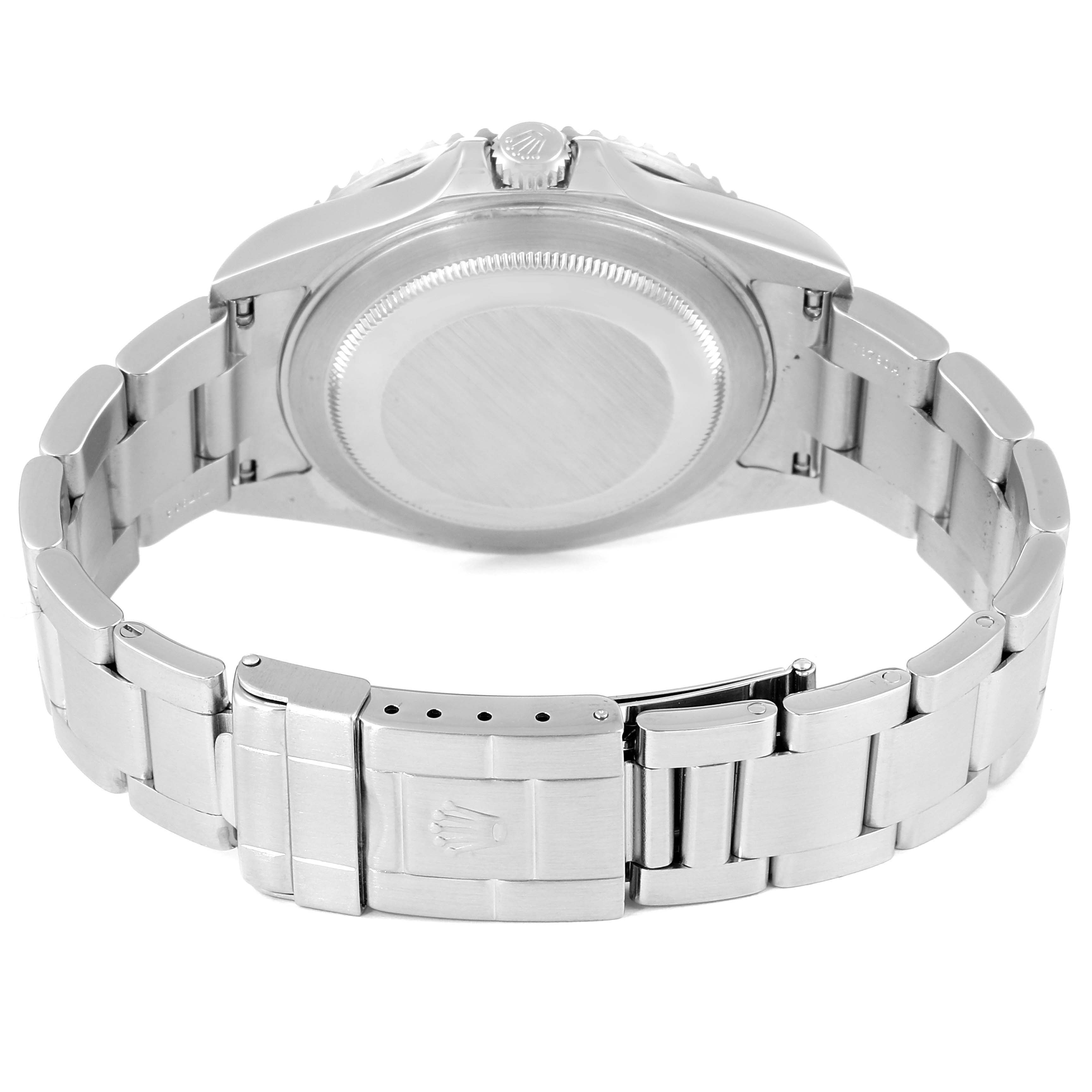 The image shows the back case and bracelet of a Rolex GMT-Master 16710 Men's Stainless Steel Black Dial 16710 Men's Stainless Steel Black Dial watch from a rear angle.