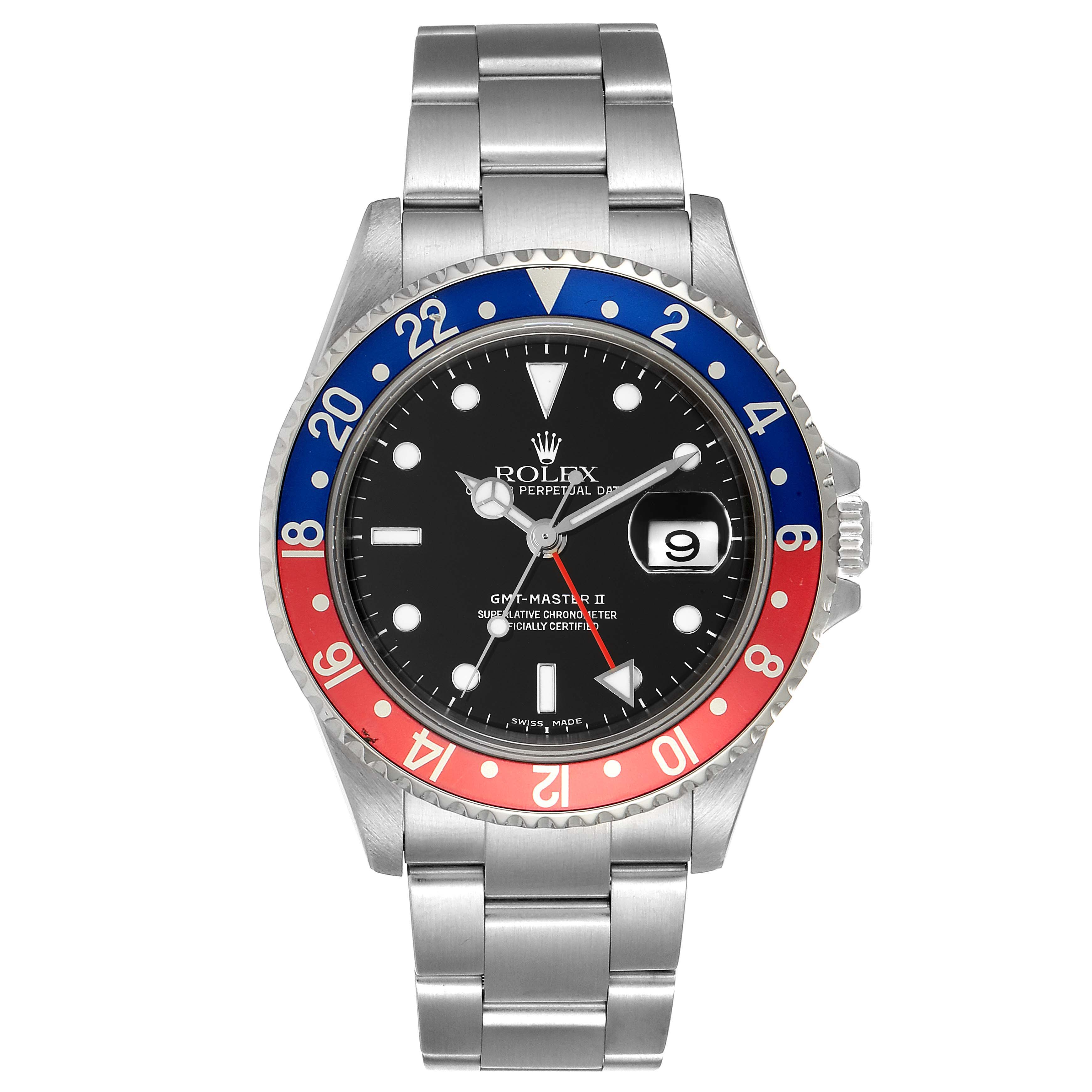 This image shows a front view of the Rolex GMT-Master 16710 Men's Stainless Steel Black Dial 16710 Men's Stainless Steel Black Dial II watch, displaying its bezel, dial, hands, and bracelet.
