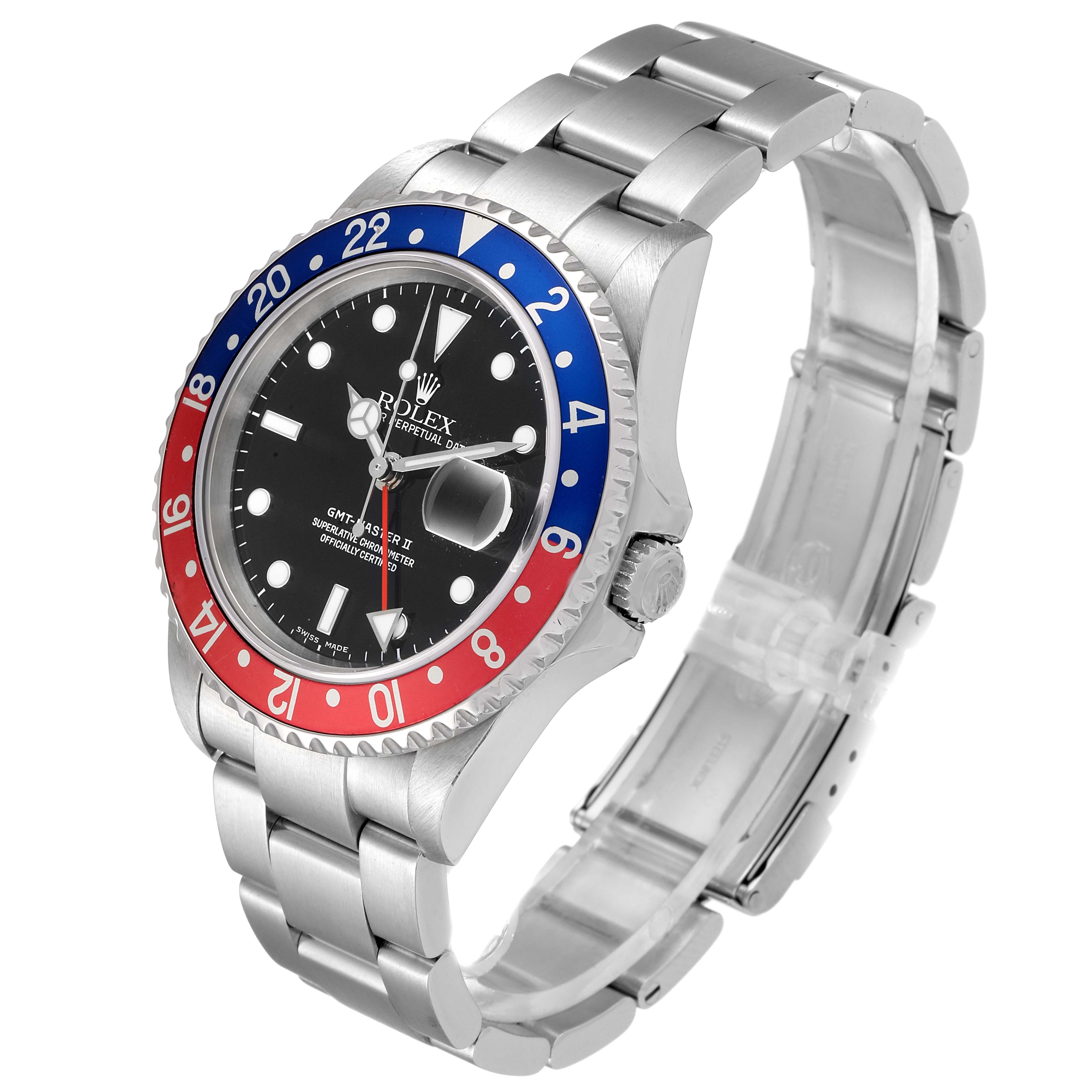 This image shows a Rolex GMT-Master 16710 Men's Stainless Steel Black Dial 16710 Men's Stainless Steel Black Dial watch, angled to display the bezel, dial, and bracelet.