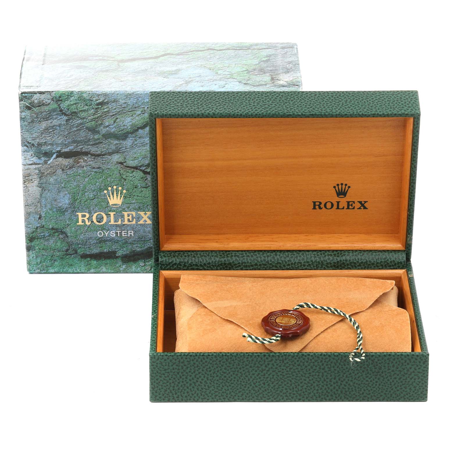 The image shows the packaging for a Rolex GMT-Master 16710 Men's Stainless Steel Black Dial 16710 Men's Stainless Steel Black Dial watch, featuring a green textured outer box and an open wooden inner box.