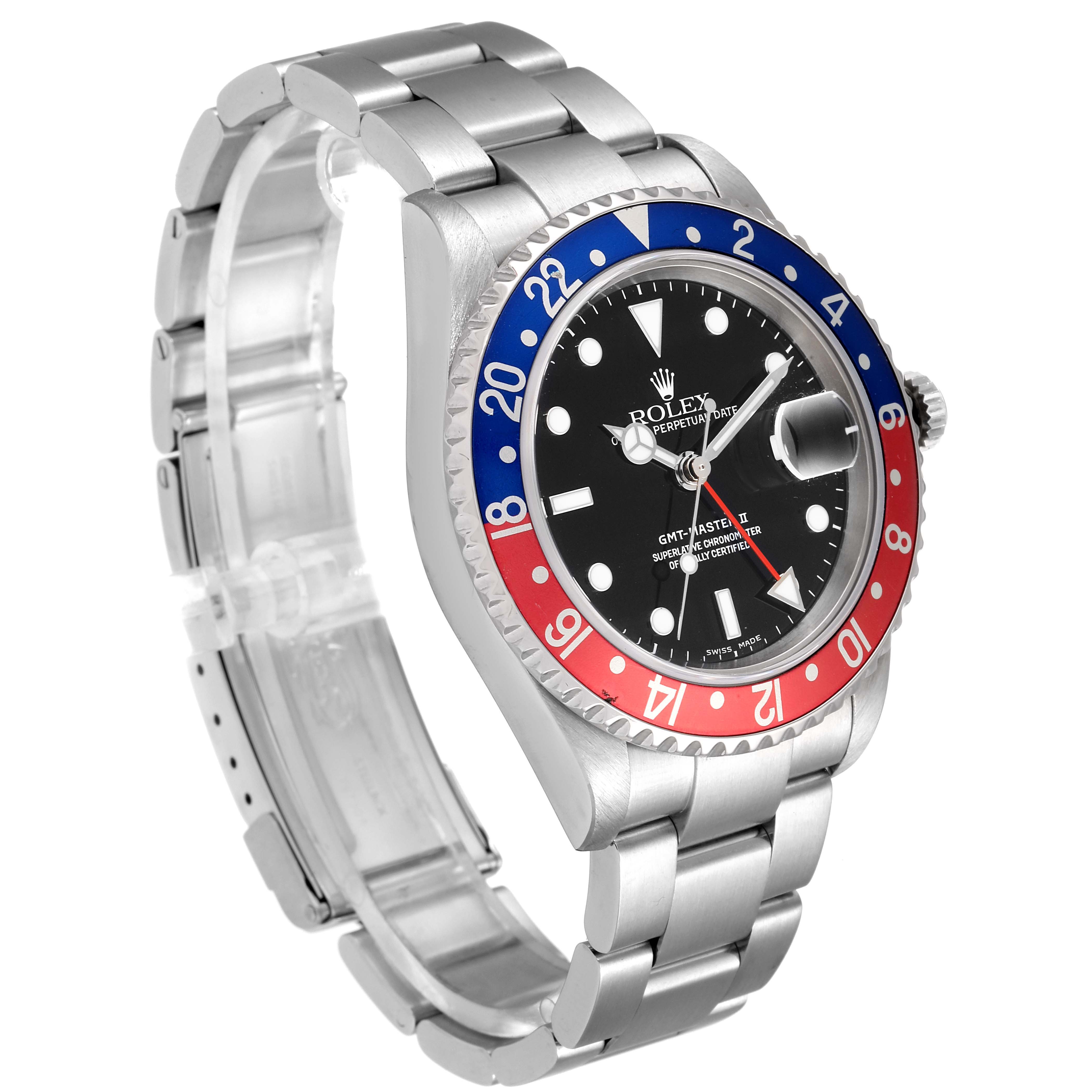 The image shows a front angle view of a Rolex GMT-Master 16710 Men's Stainless Steel Black Dial 16710 Men's Stainless Steel Black Dial watch, displaying the dial, bezel, and bracelet.