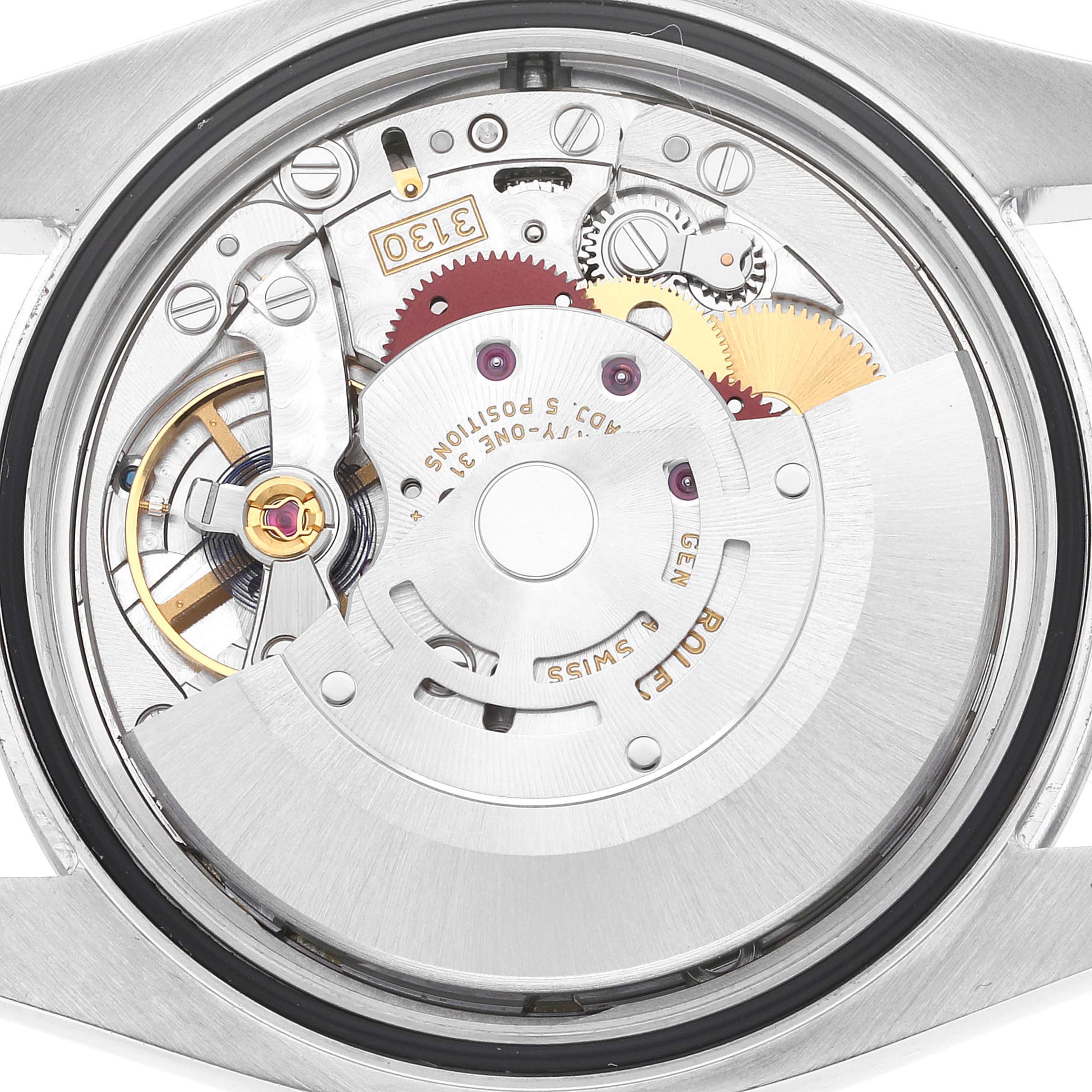 This image shows the inner mechanical movement of a Rolex Oyster Perpetual 116000 Men
s Stainless Steel Silver Dial 116000 Men
s Stainless Steel Silver Dial watch viewed from the back.