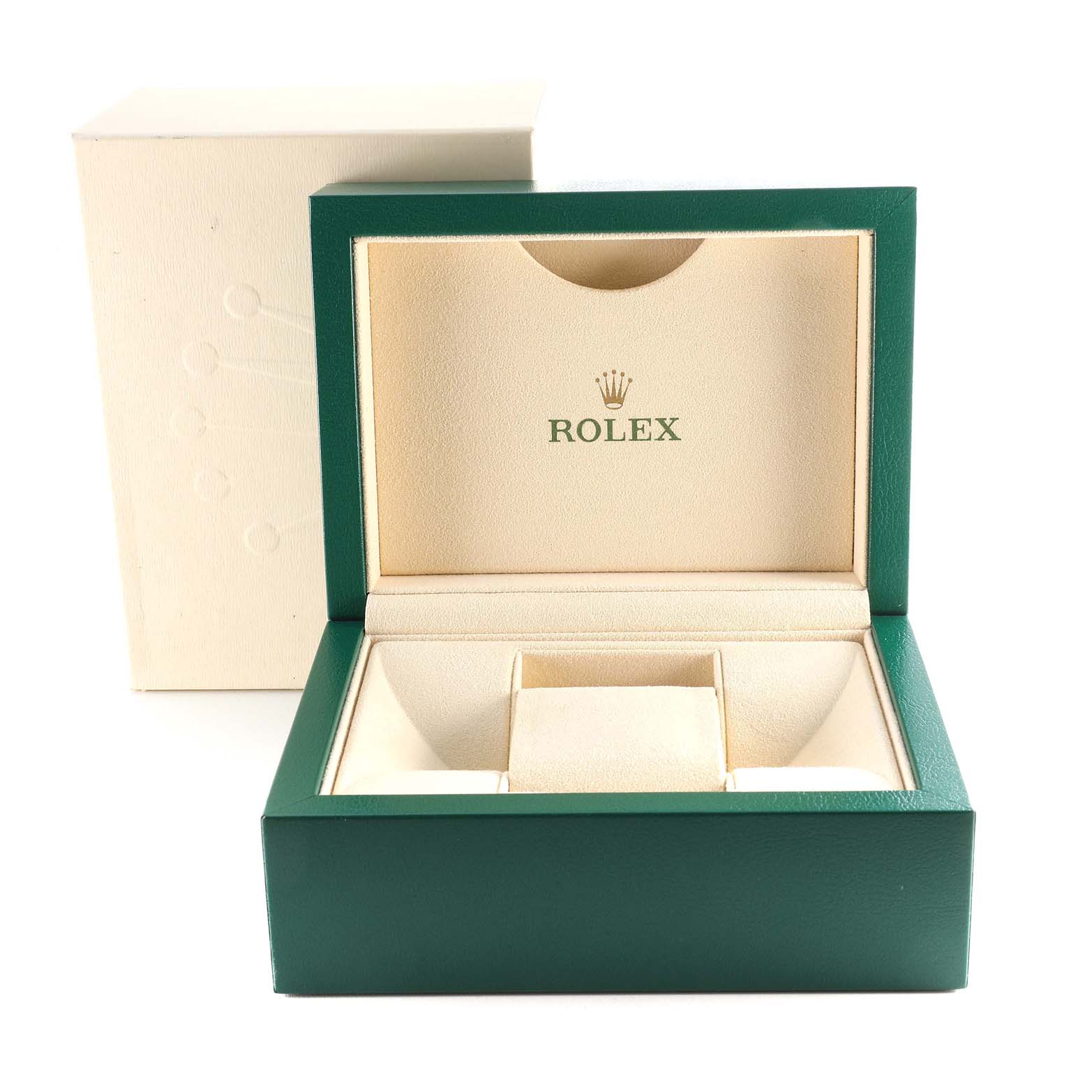 The image shows the open luxury green and gold box for the Rolex Oyster Perpetual 116000 Men
s Stainless Steel Silver Dial 116000 Men
s Stainless Steel Silver Dial model.