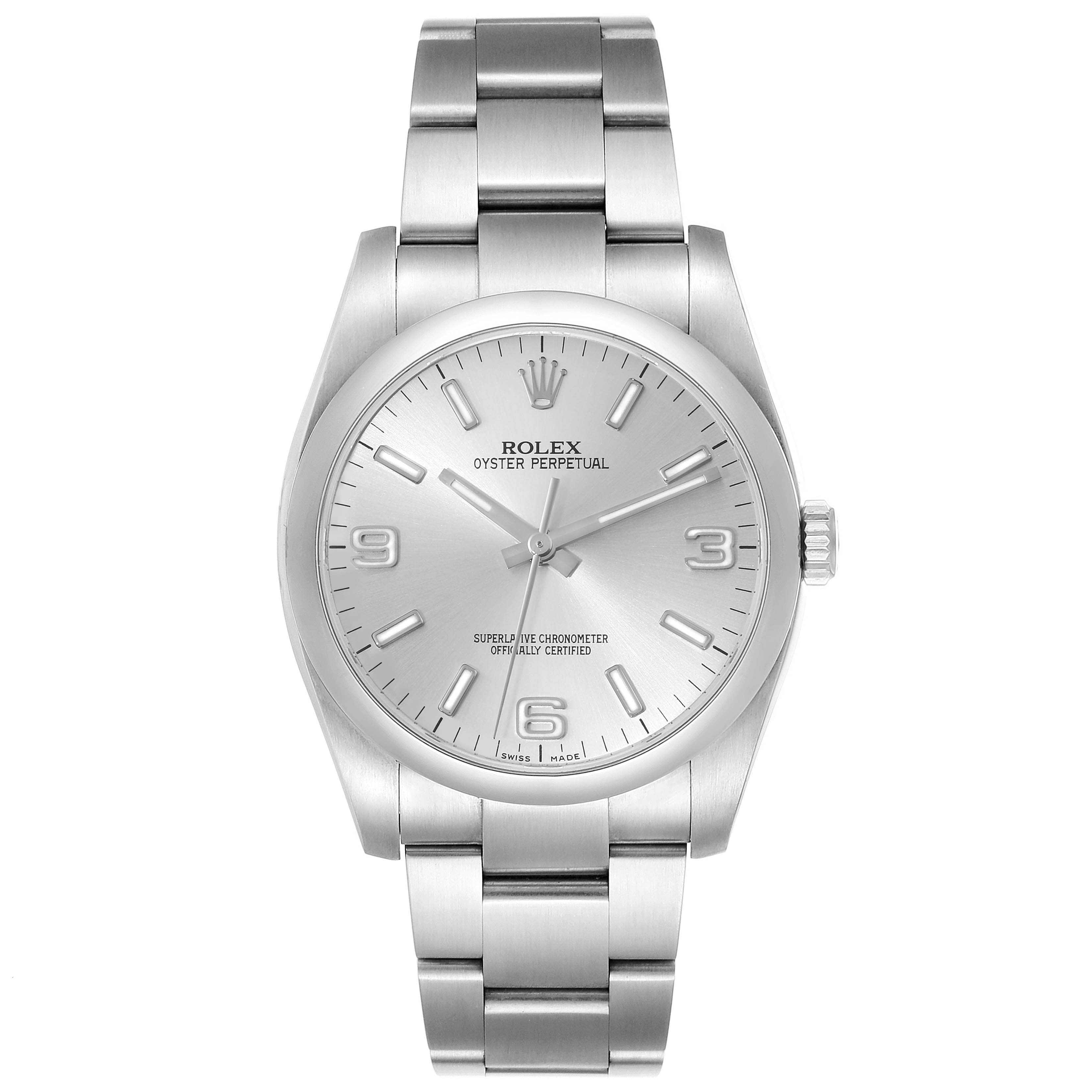 The image displays a front view of a Rolex Oyster Perpetual 116000 Men
s Stainless Steel Silver Dial 116000 Men
s Stainless Steel Silver Dial watch, showcasing its face, bezel, and bracelet.